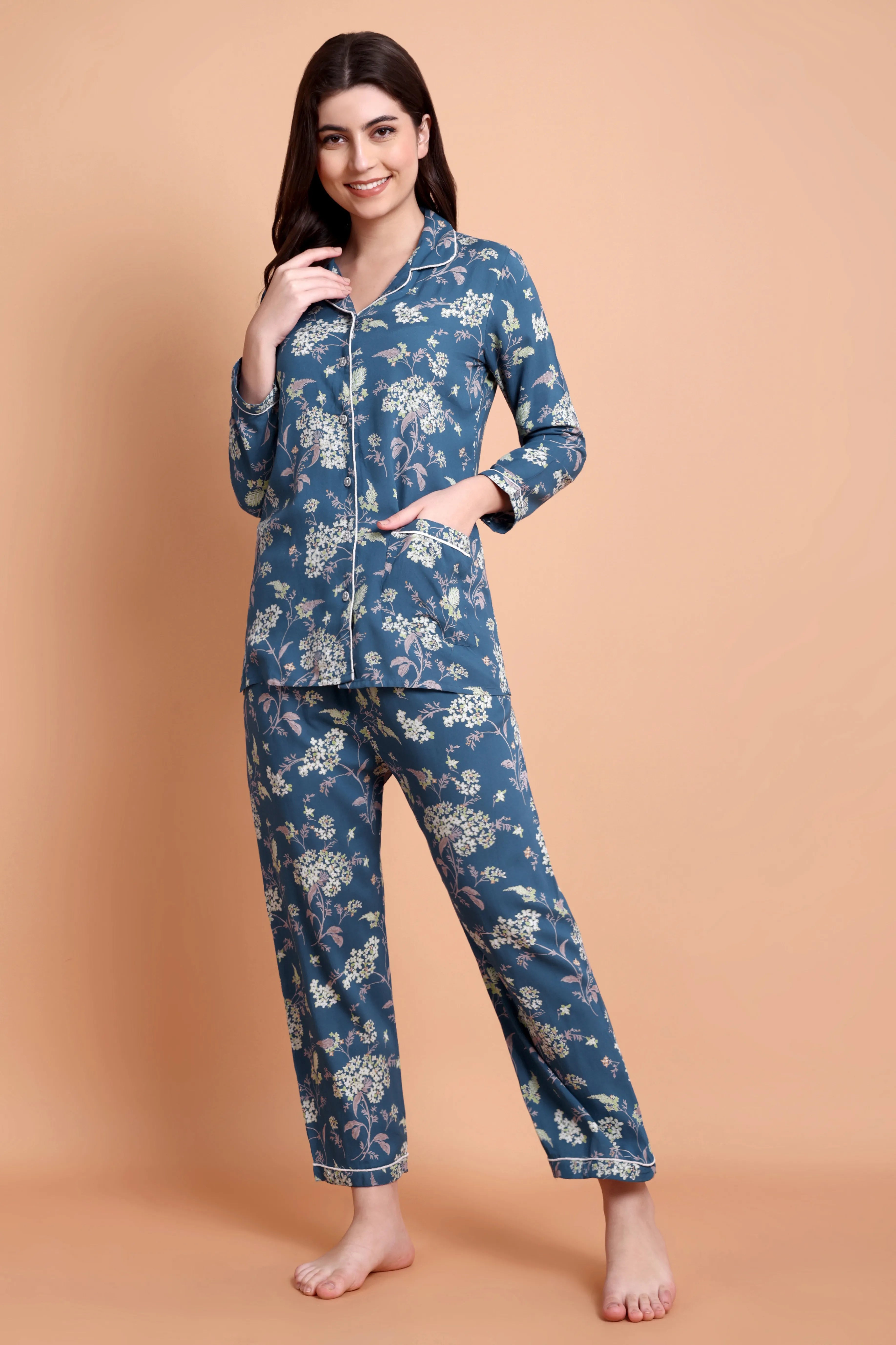 Floral Printed Cotton Nightwear Set for Women (Top & Pyjama)