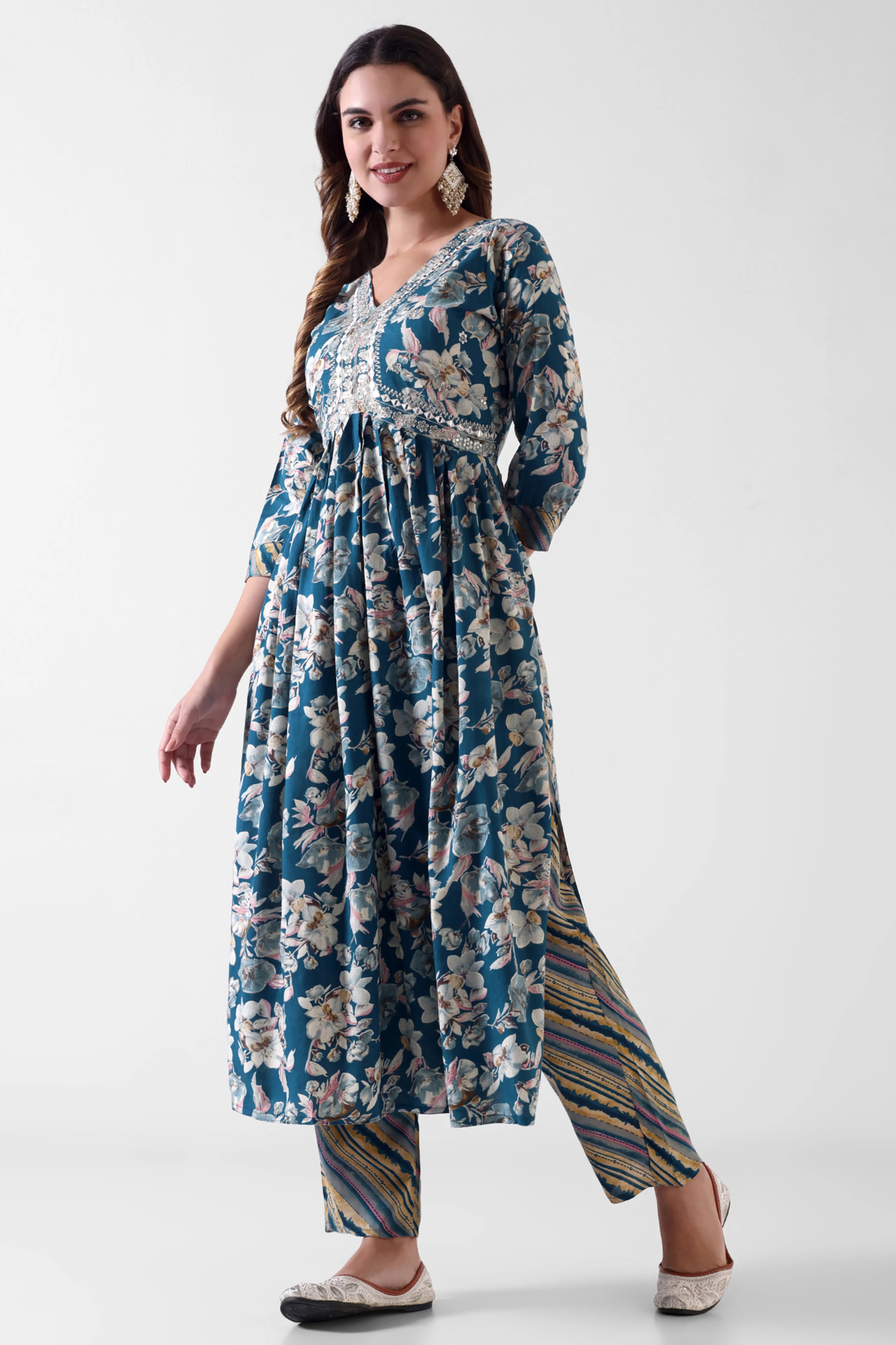 Women's Blue Floral Printed Anarkali Kurta Set with Dupatta