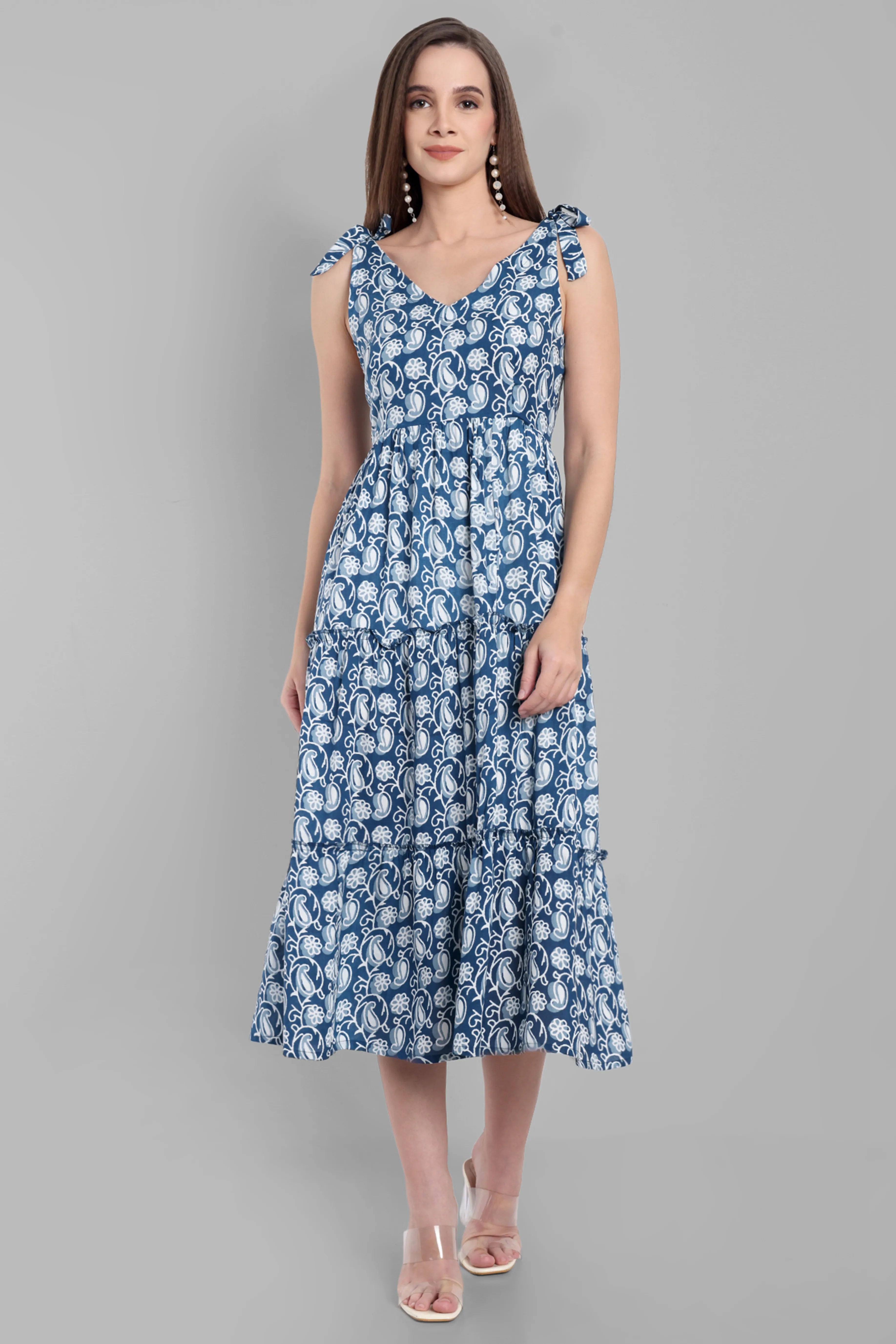Navy Blue & White Paisley Printed Sleeveless Tiered Midi Dress with Tie-Up Straps