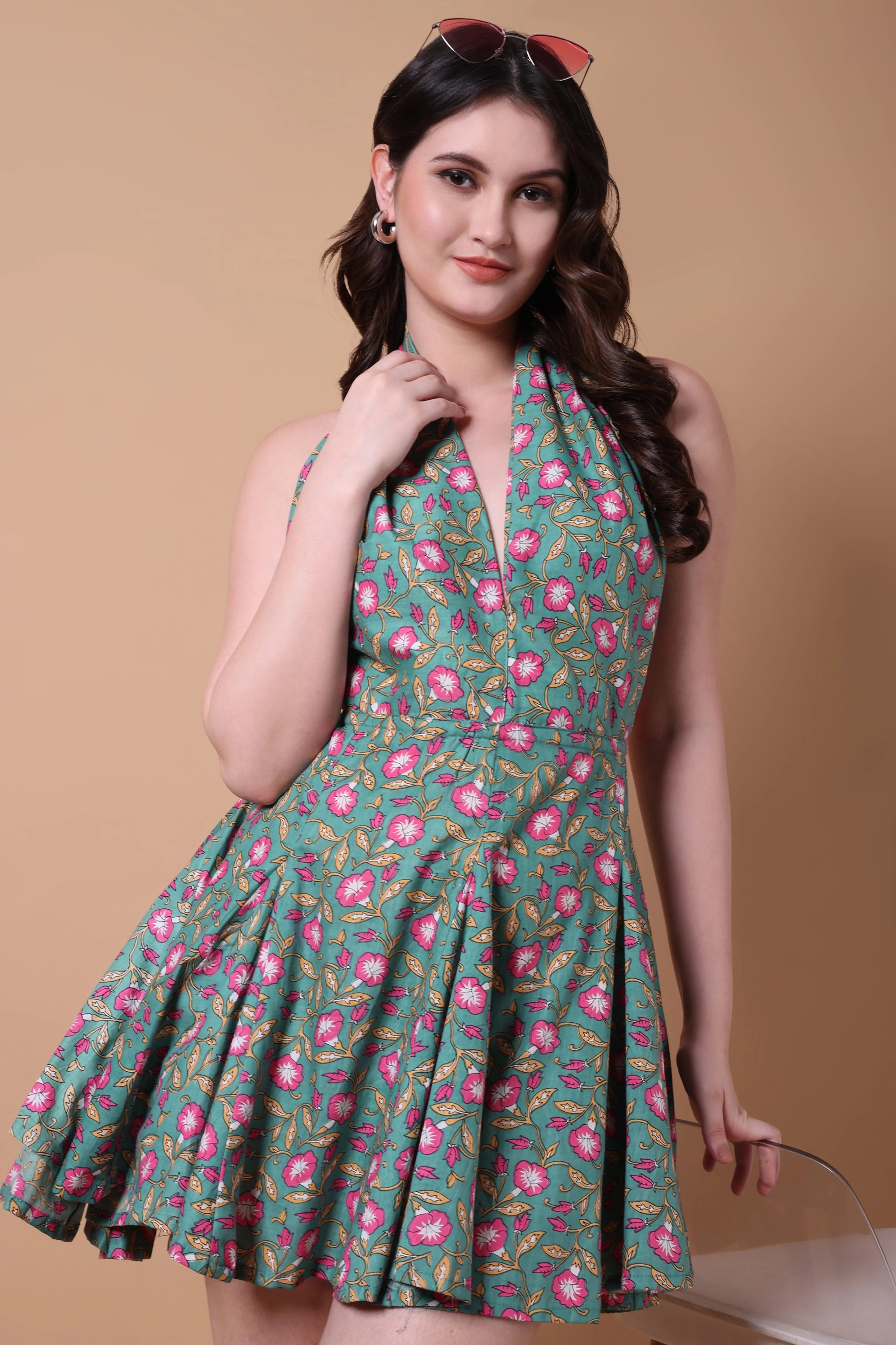Teal Floral Print Backless Halter Neck Fit & Flare Dress