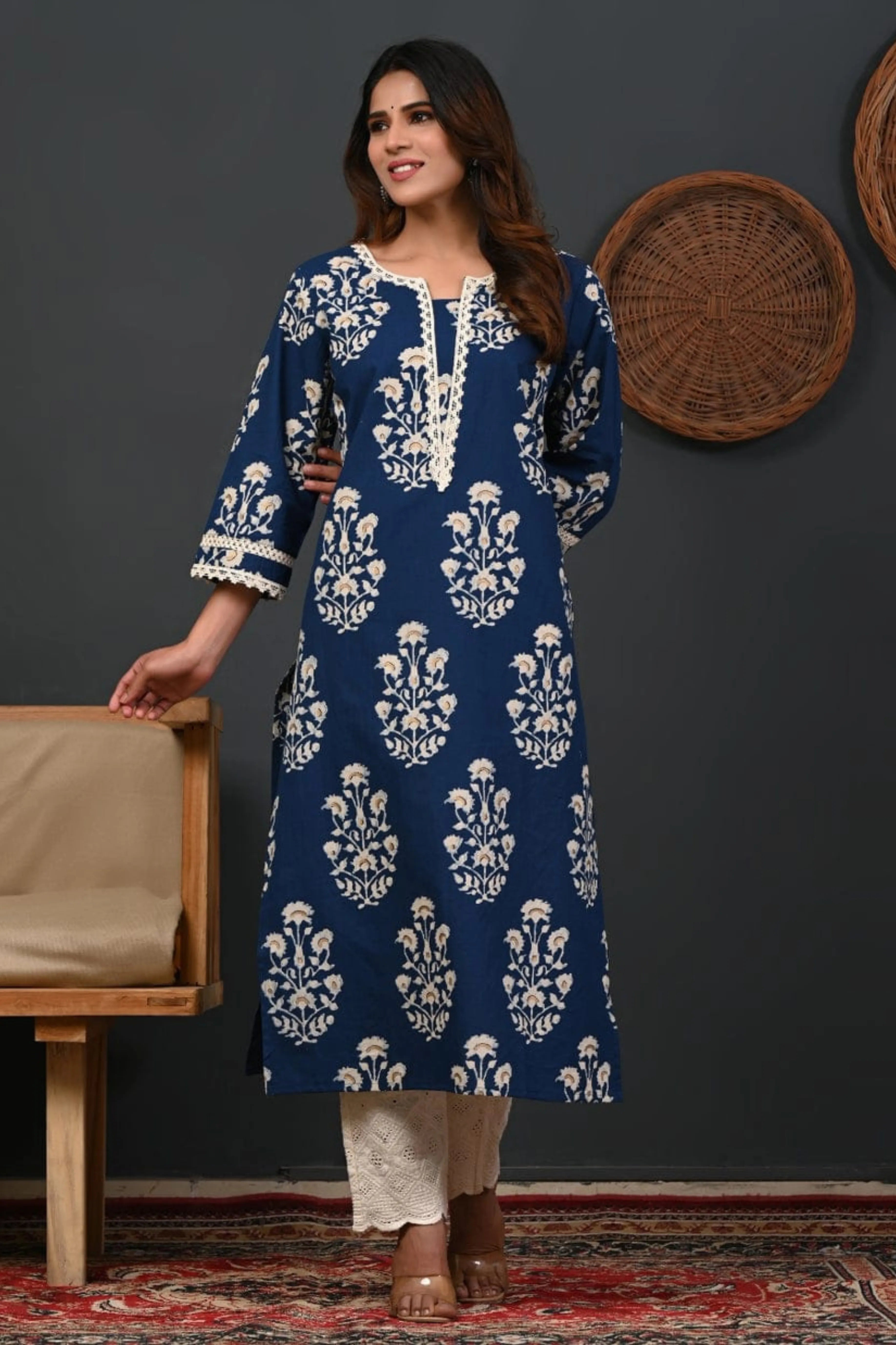 Navy Blue Floral Printed Straight Kurta with Crochet Detailing