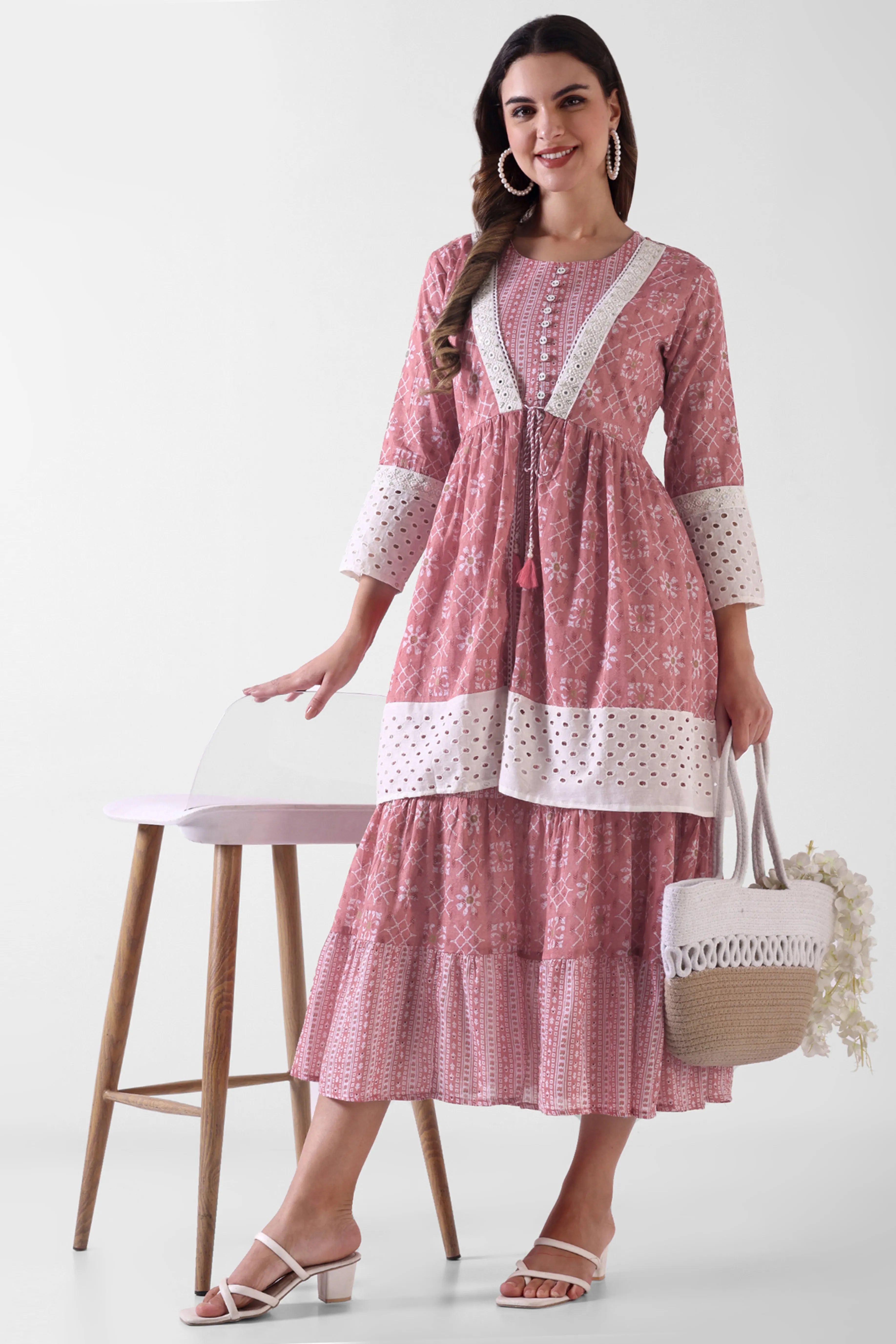 Printed Layered Maxi Dress with Lace Detailing