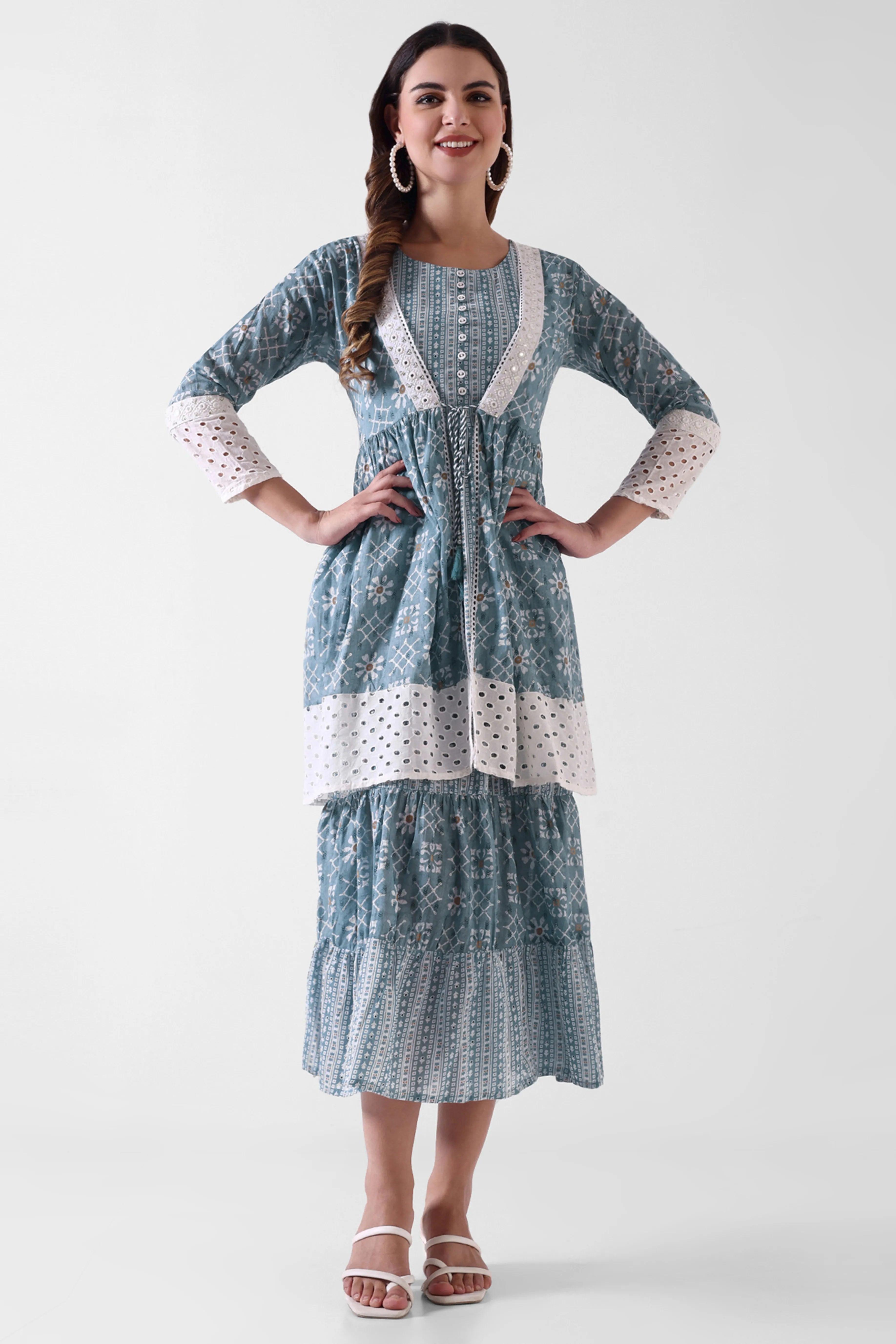 Women's Printed Tiered Maxi Dress with Lace Detailing – Blue & White