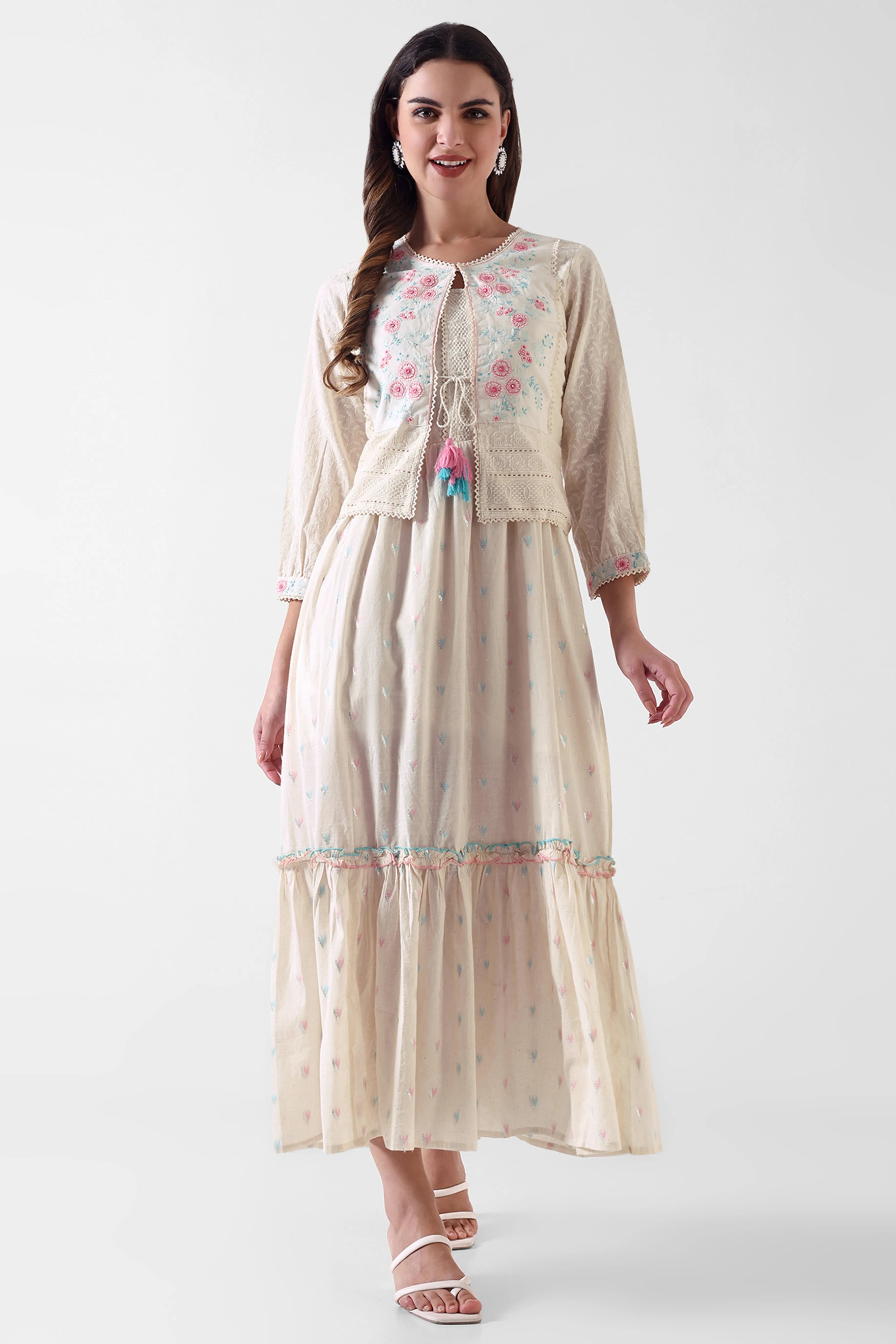 Embroidered Ethnic Maxi Dress with Tie-Up Detailing