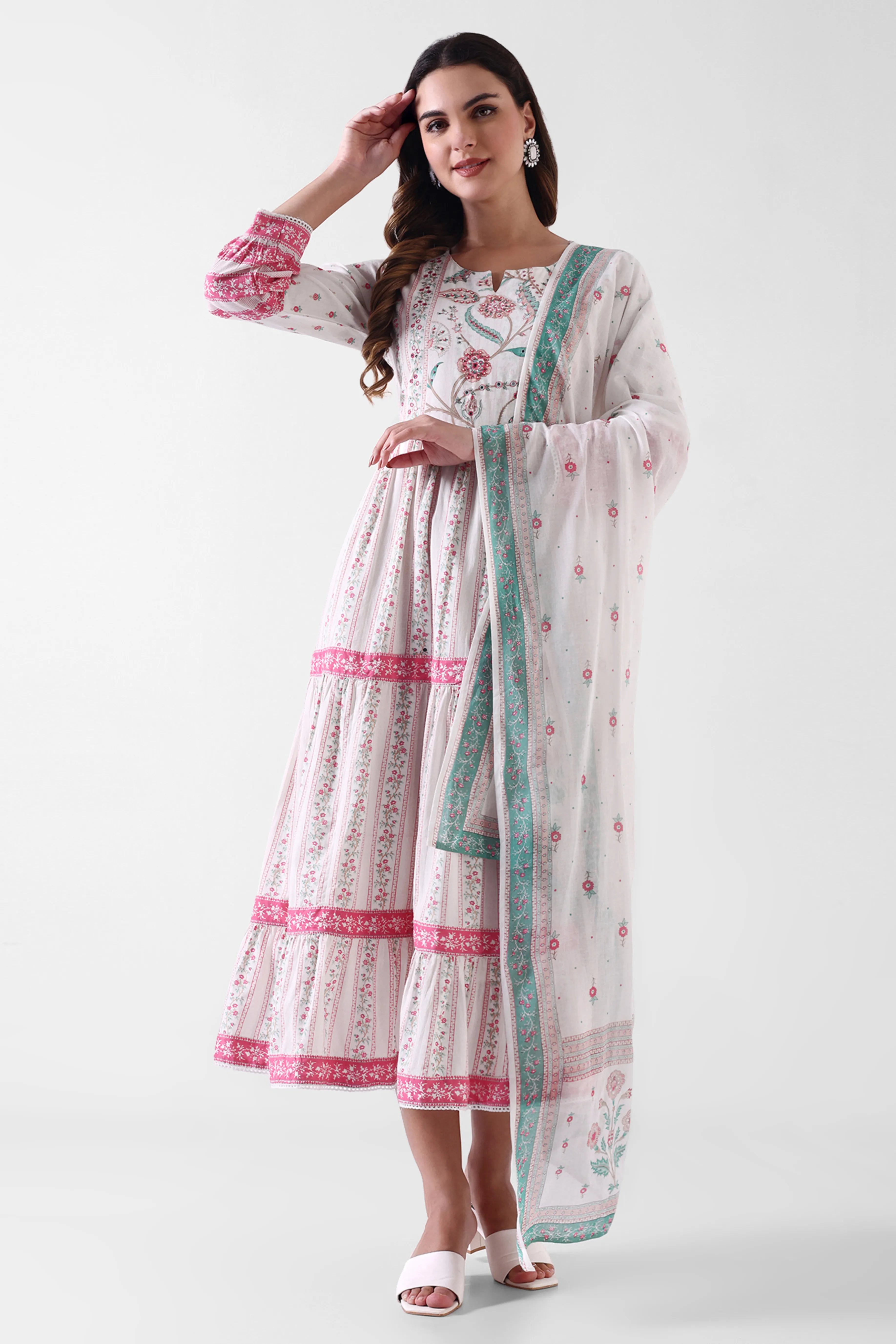Women's White Floral Printed Anarkali Dress with Dupatta – Pink & Aqua Detailing
