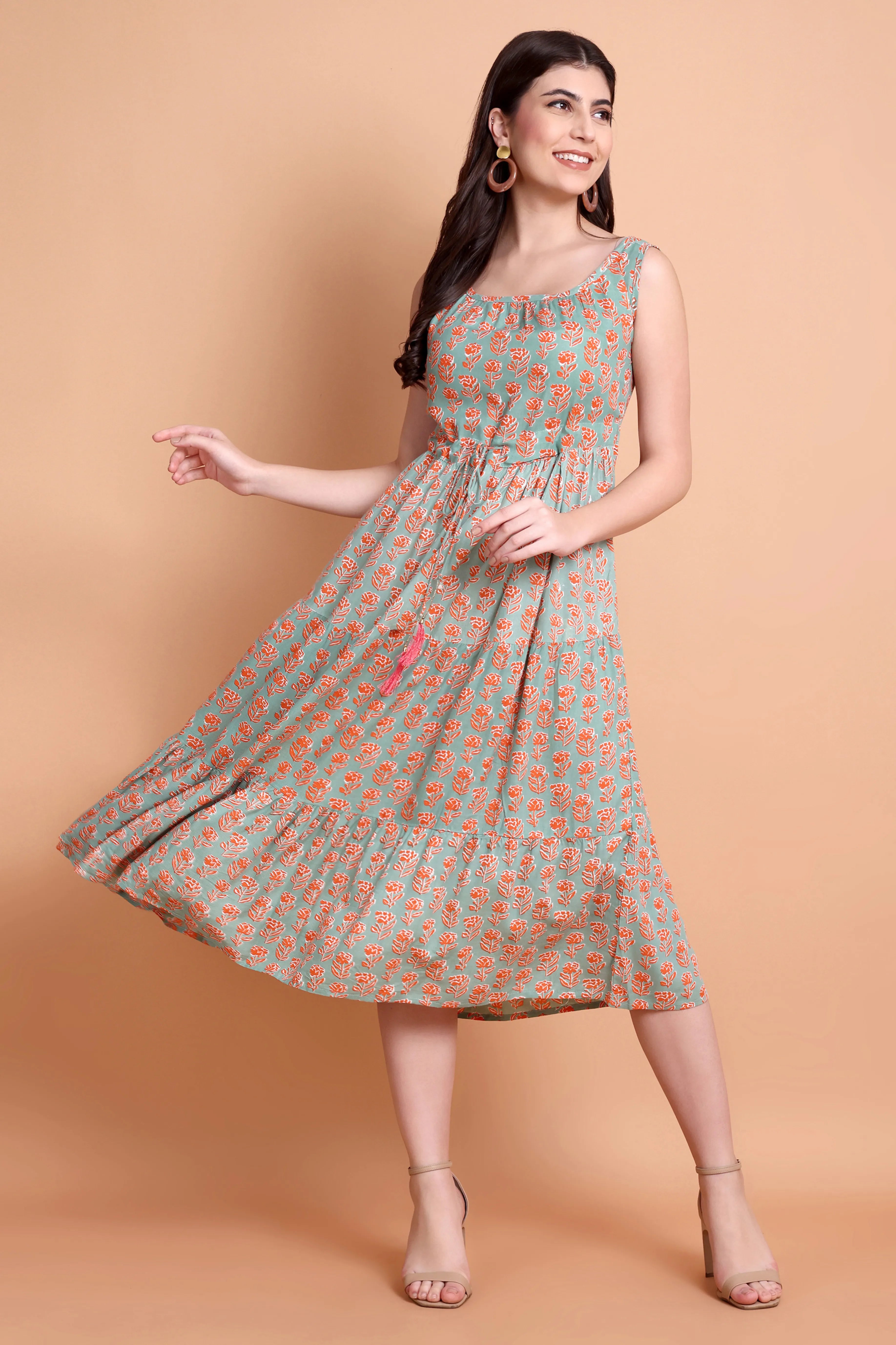 Floral Printed Sleeveless A-Line Midi Dress