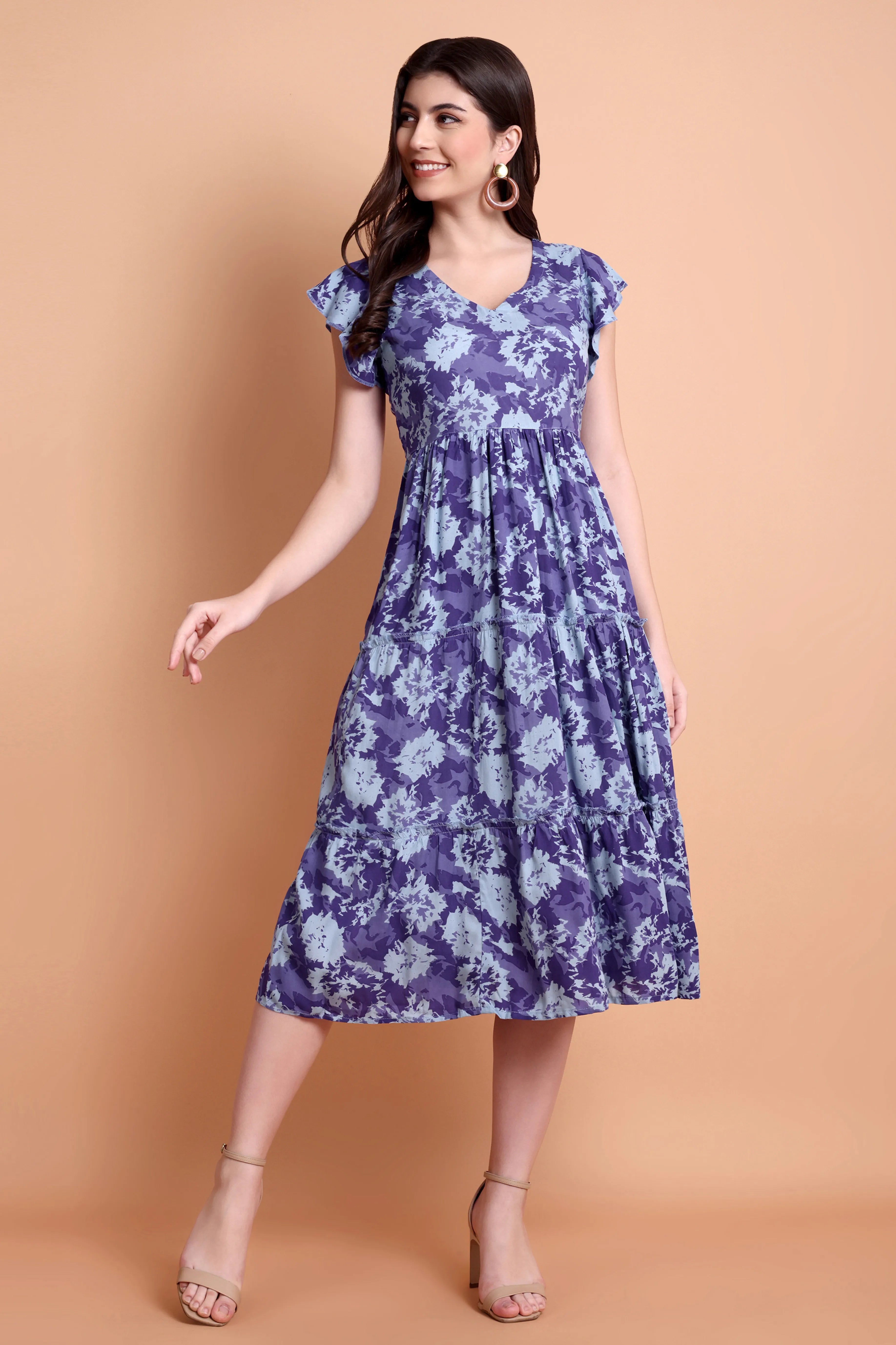 Floral Printed Flutter Sleeve Midi Dress