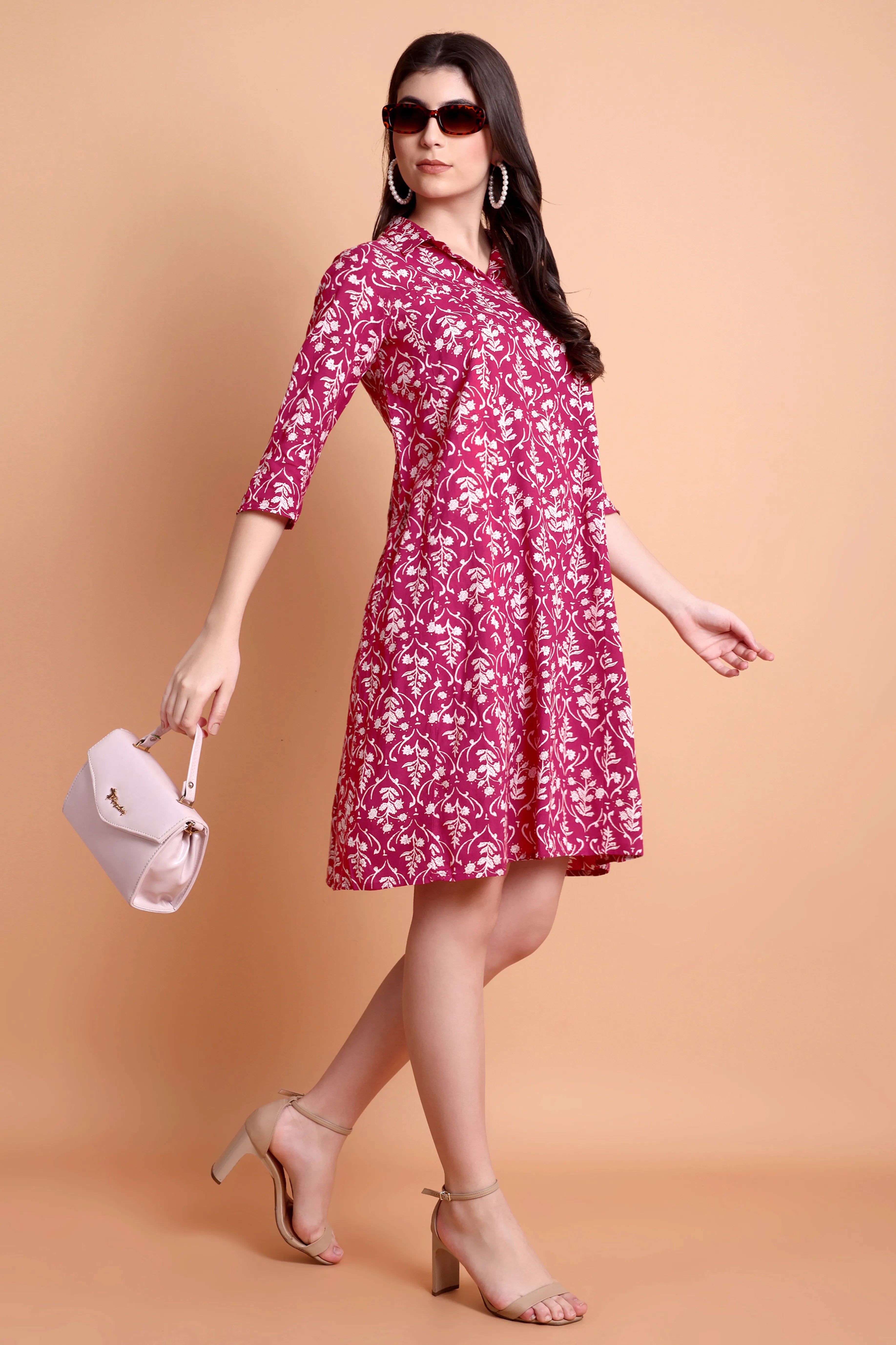 Women’s Pink Printed A-Line Shirt Dress