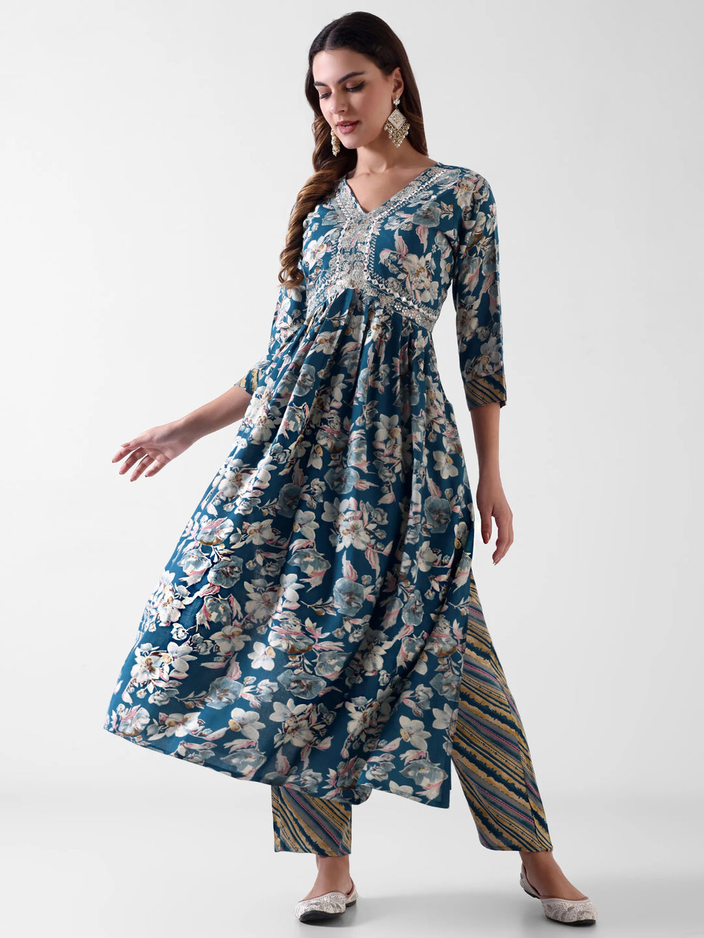 Women's Blue Floral Printed Anarkali Kurta Set with Dupatta