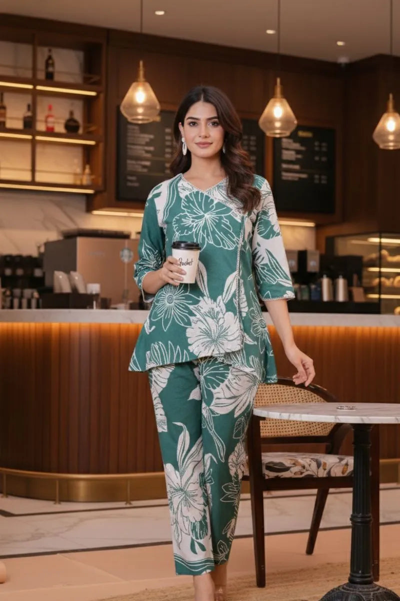 Sea Green Bold Floral Print Cotton Co-ord Set