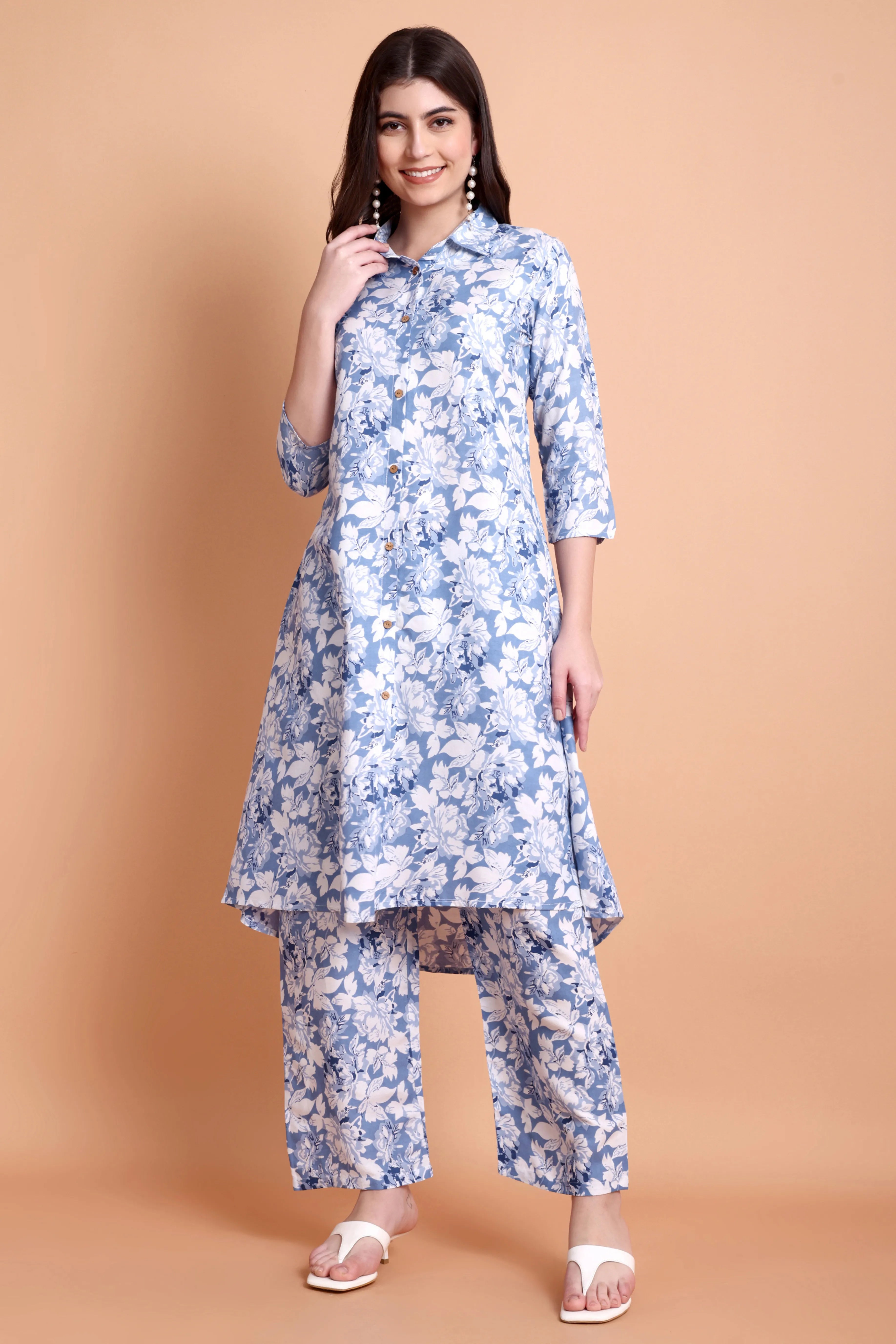 Blue & White Floral Printed Co-Ord Set for Women