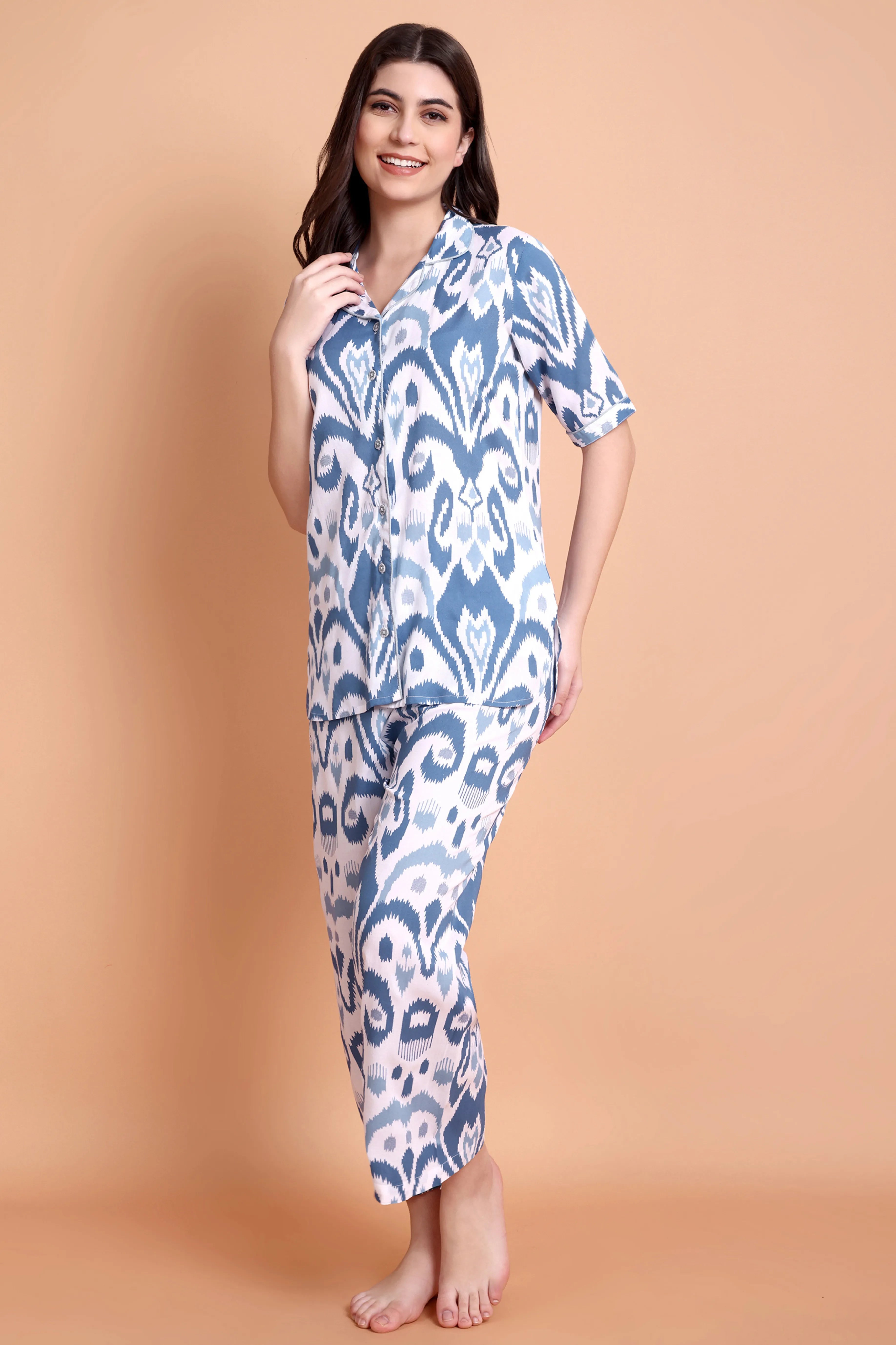 Blue Ikat Print Satin Nightwear Set for Women (Shirt & Pyjama)