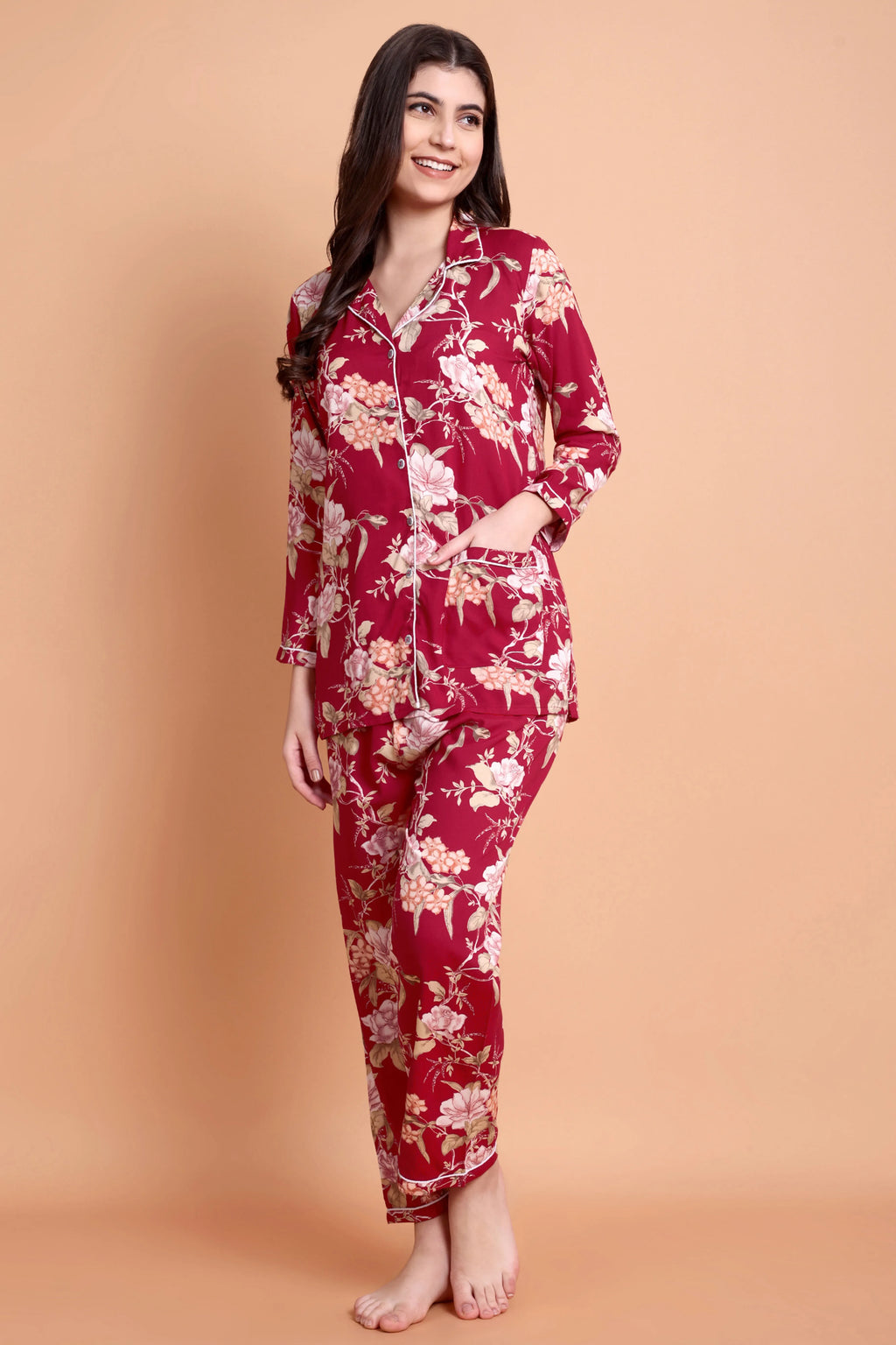 Maroon Floral Satin Nightwear Set for Women (Shirt & Pyjama)