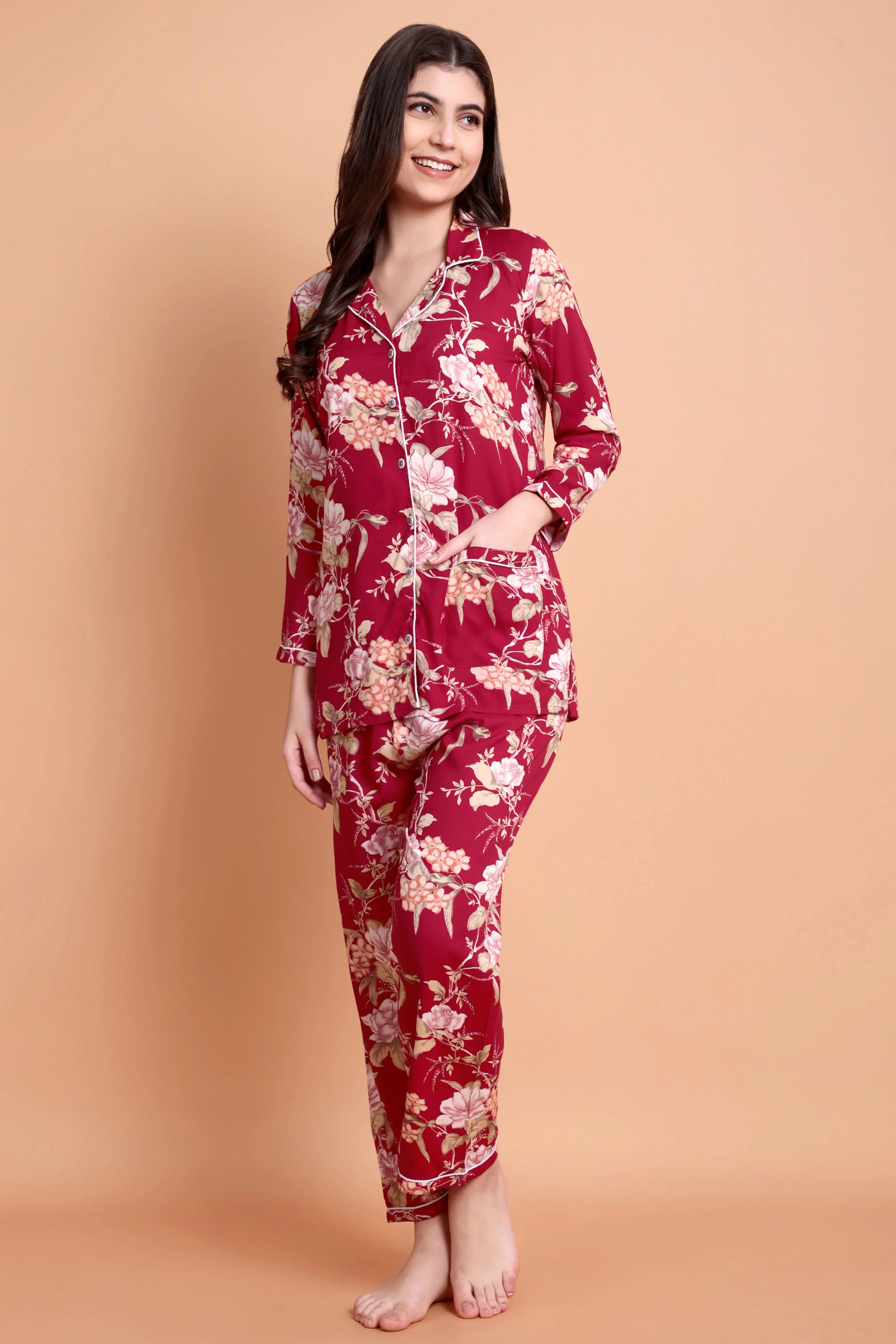 Maroon Floral Satin Nightwear Set for Women (Shirt & Pyjama)