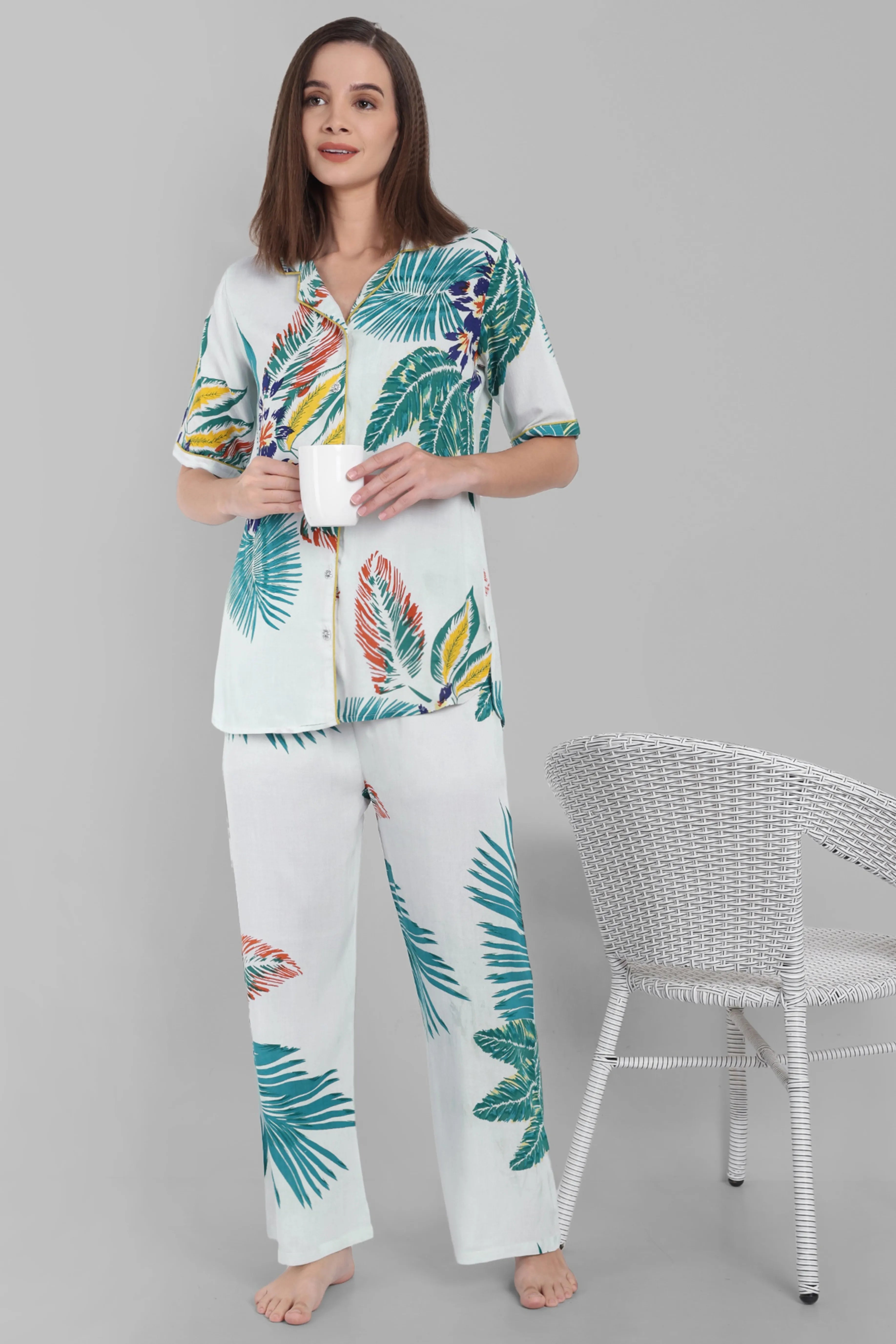 Tropical Print Co-Ord Nightwear Set in Soft White Cotton