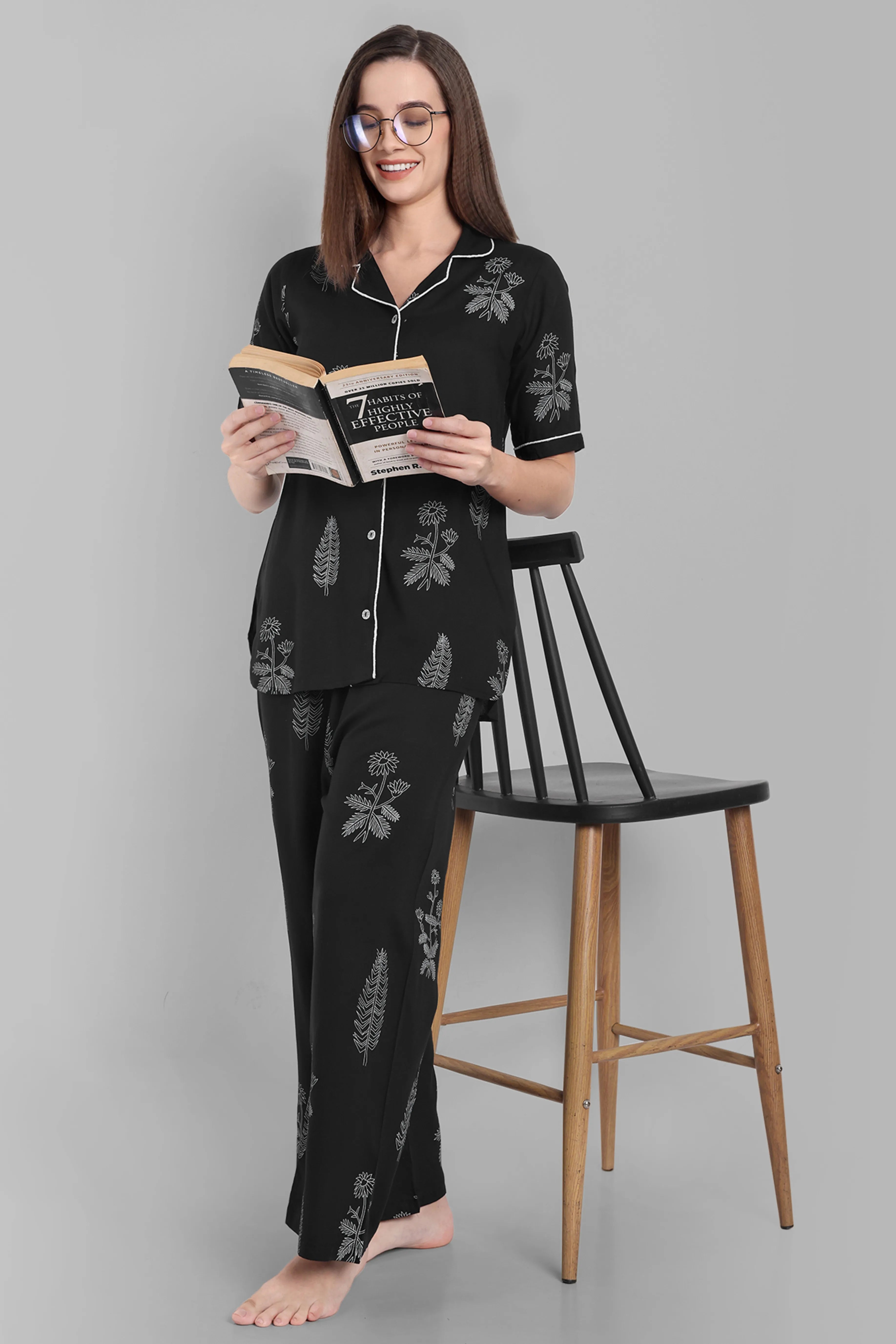 Black Floral Printed Night Suit Set – Short Sleeve Button-Down Shirt with Pajama