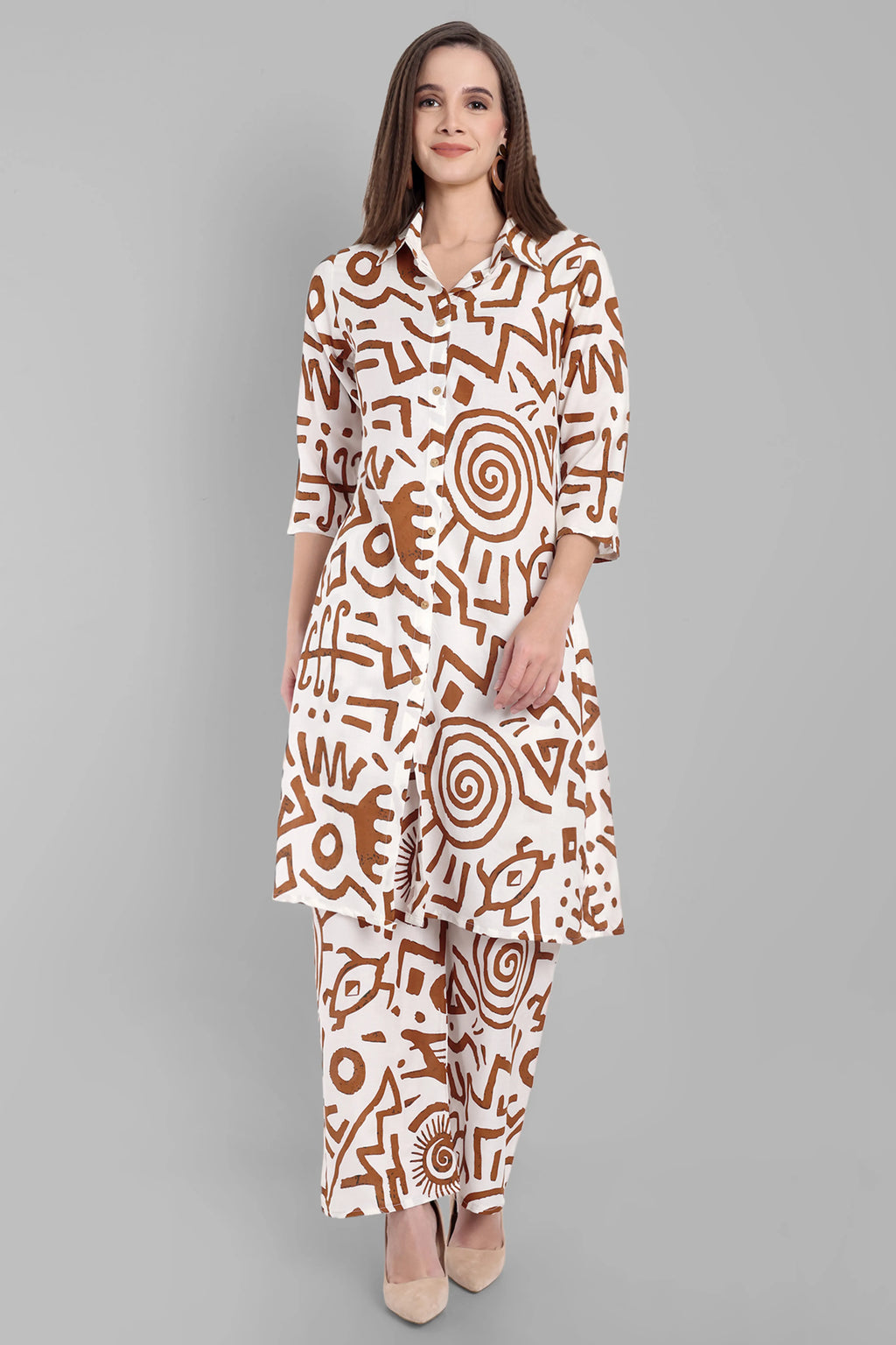 Tribal Print White & Brown Kurta with Pants Set – A-Line Shirt Collar Style