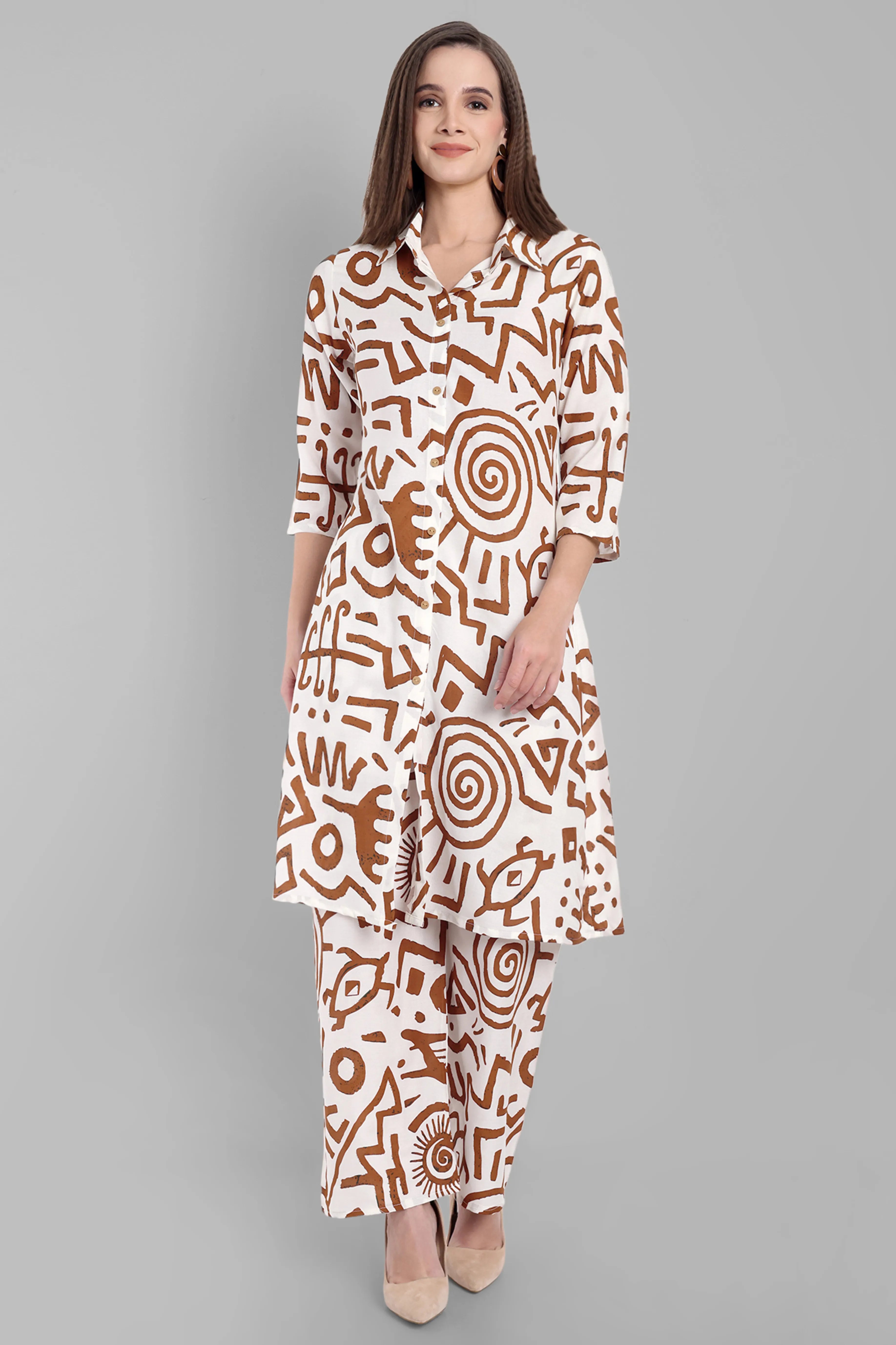 Tribal Print White & Brown Kurta with Pants Set – A-Line Shirt Collar Style