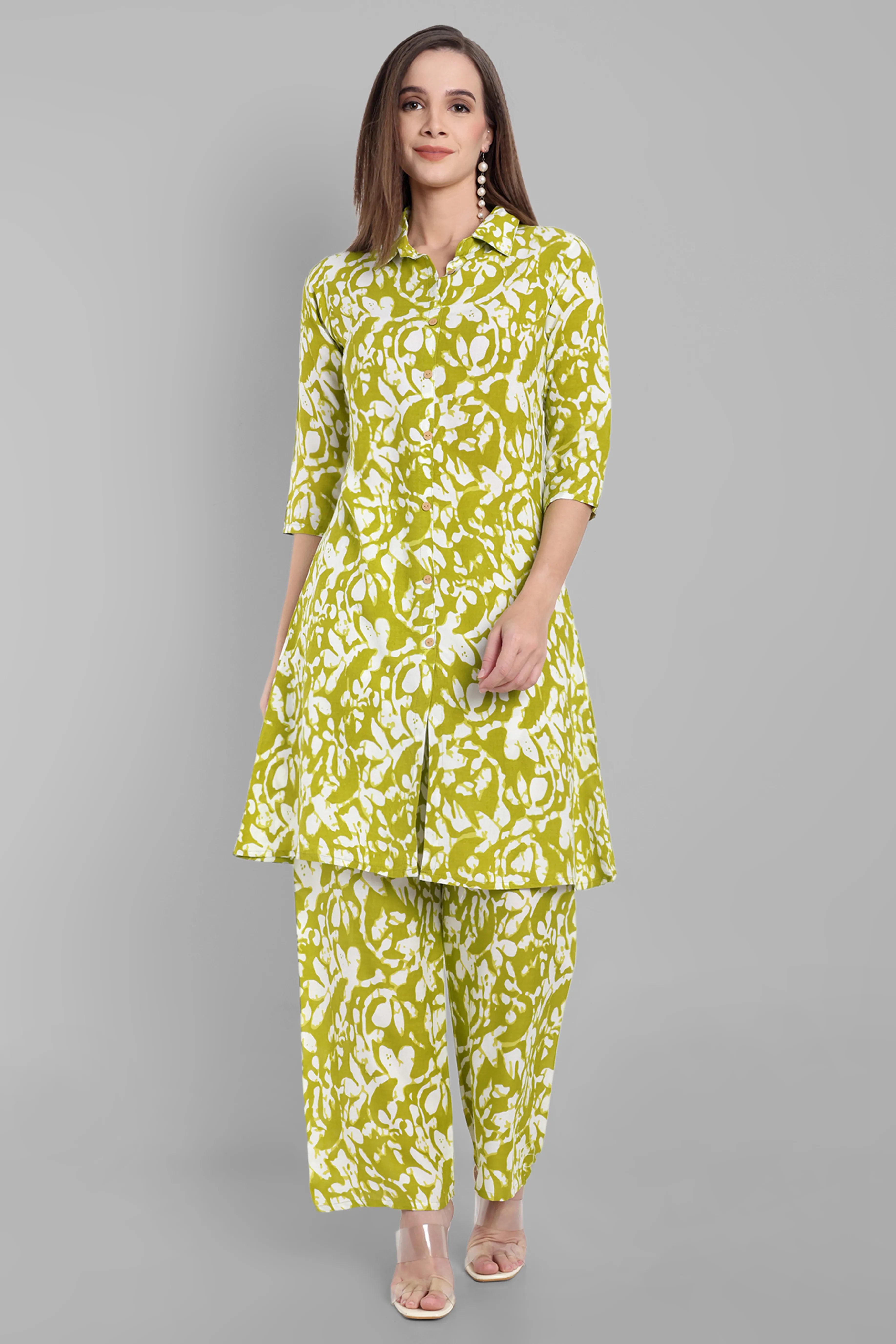 Lime Green & White Abstract Printed A-Line Cotton Kurta with Pants