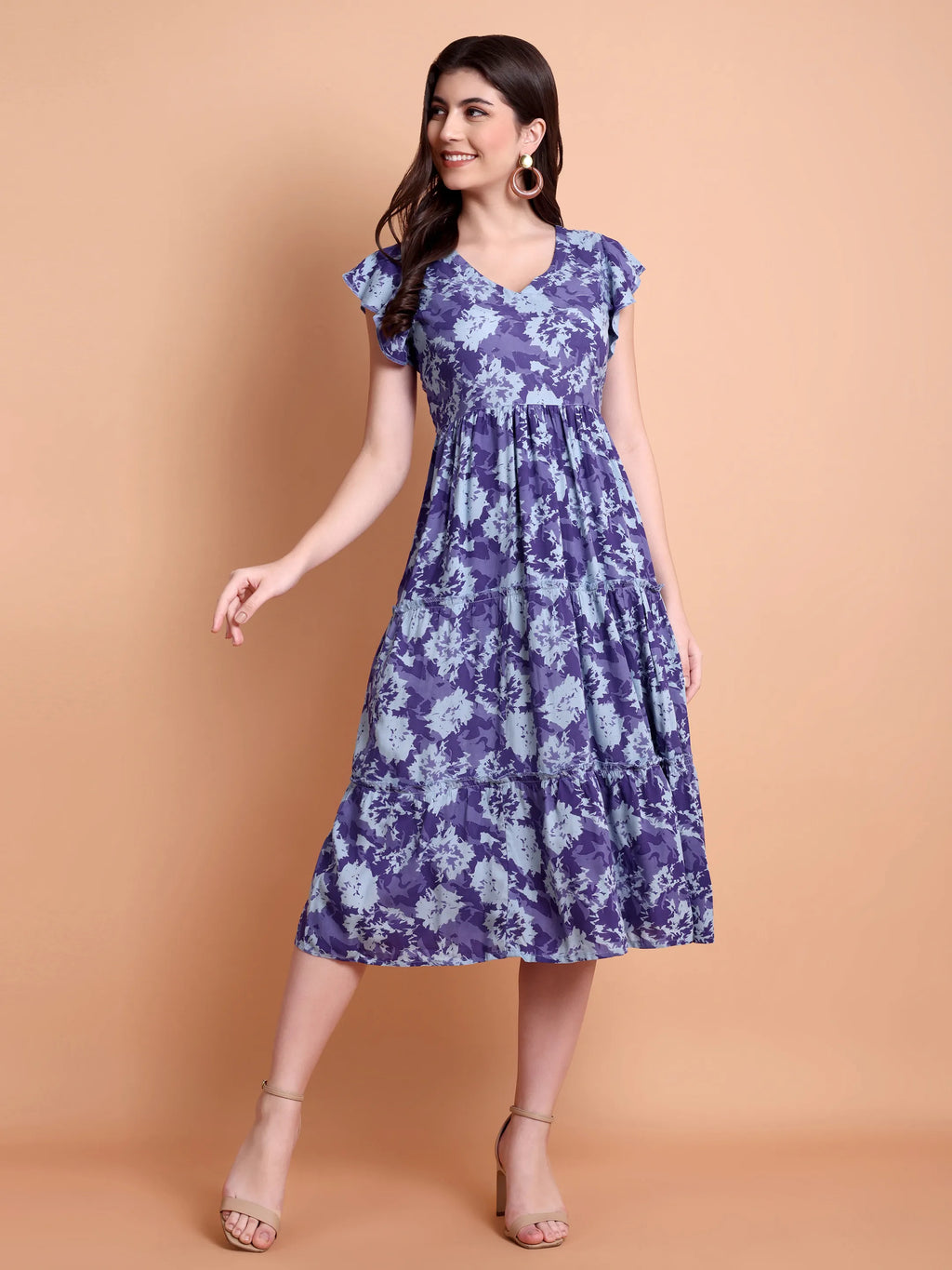 Floral Printed Flutter Sleeve Midi Dress