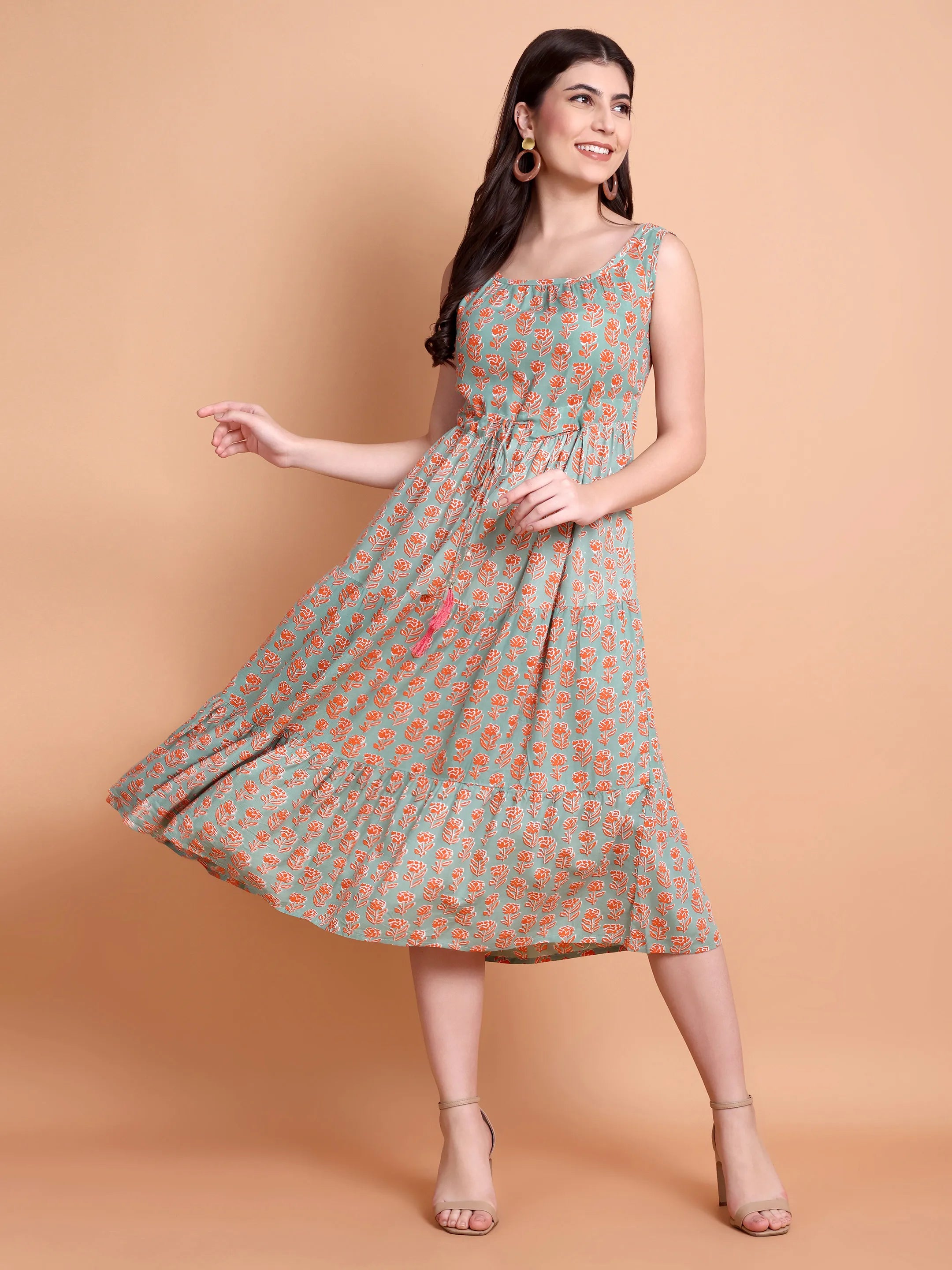 Floral Printed Sleeveless A-Line Midi Dress