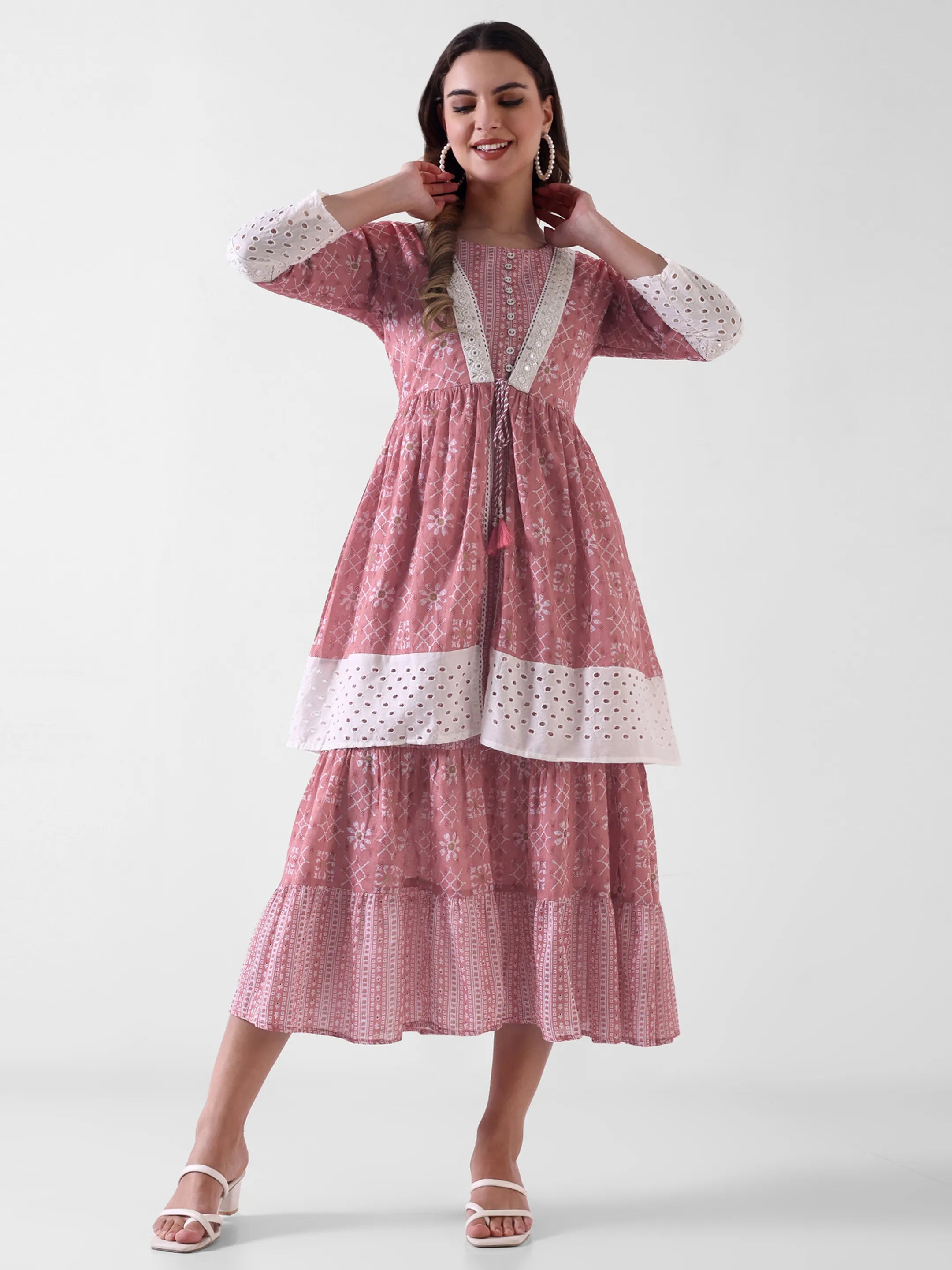 Printed Layered Maxi Dress with Lace Detailing