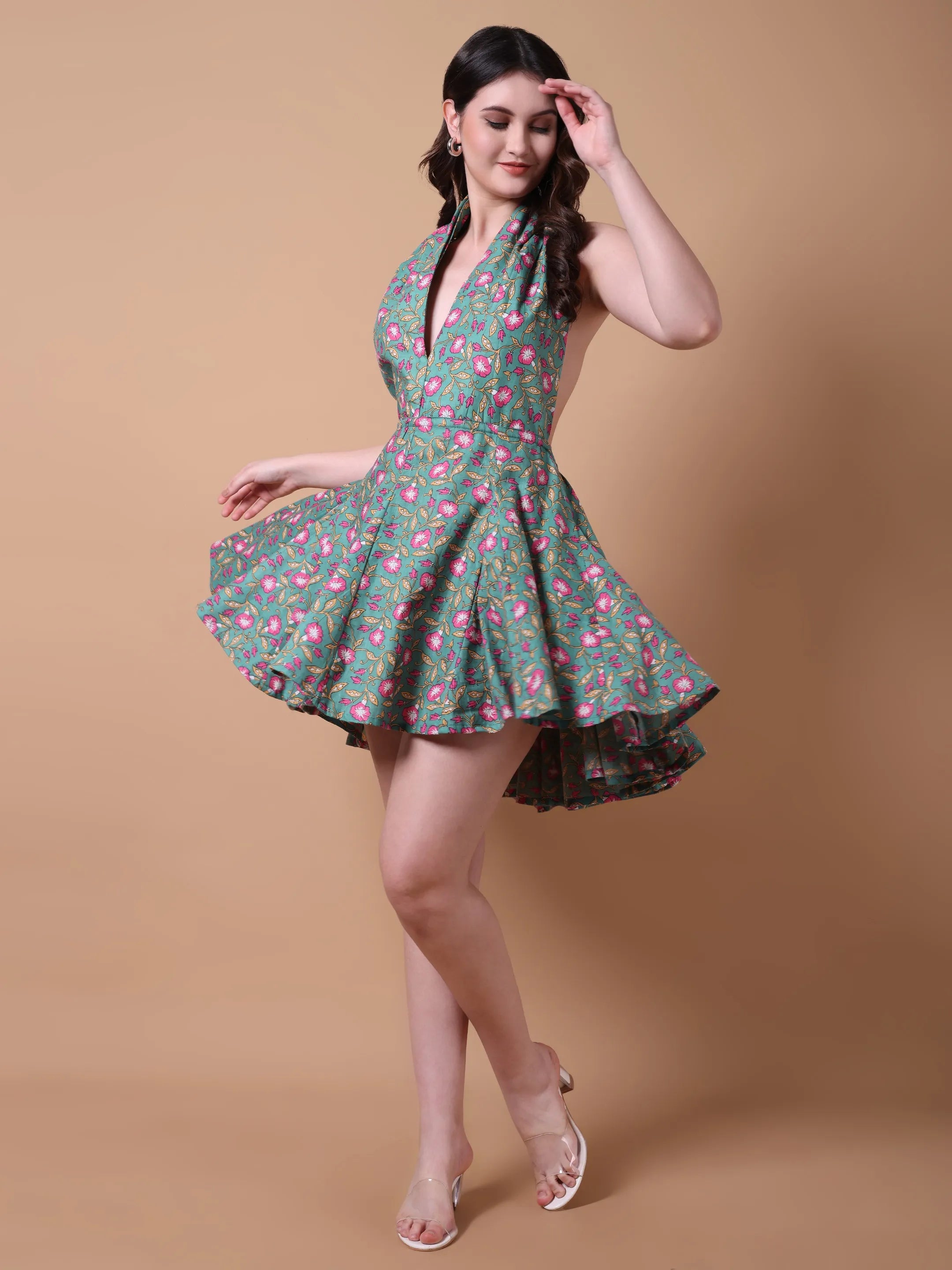 Teal Floral Print Backless Halter Neck Fit & Flare Dress