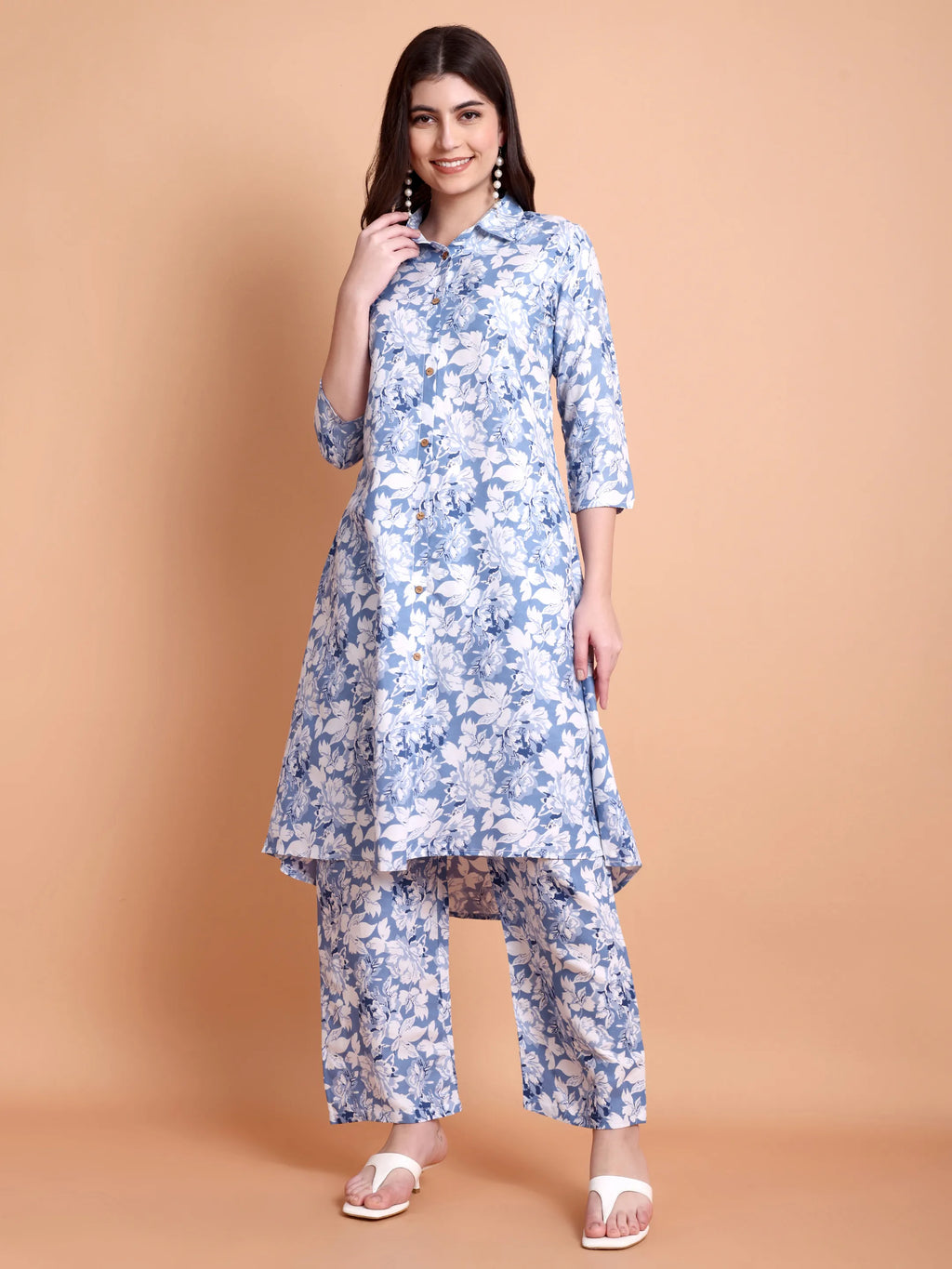 Blue & White Floral Printed Co-Ord Set for Women