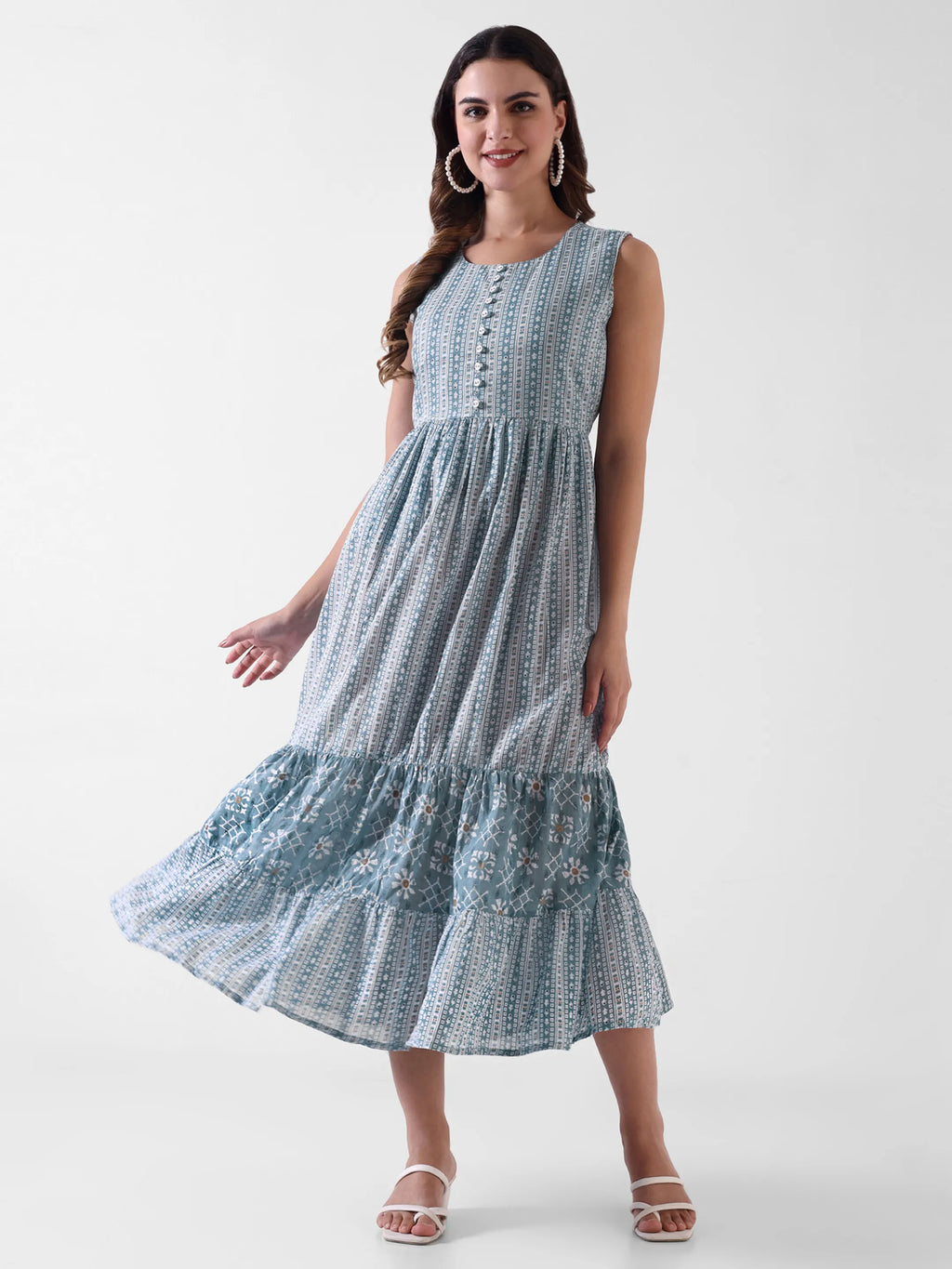 Women's Printed Tiered Maxi Dress with Lace Detailing – Blue & White