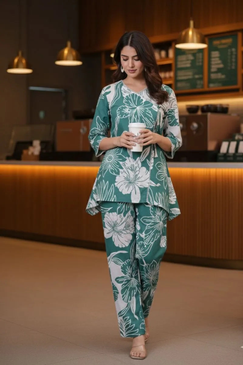 Sea Green Bold Floral Print Cotton Co-ord Set