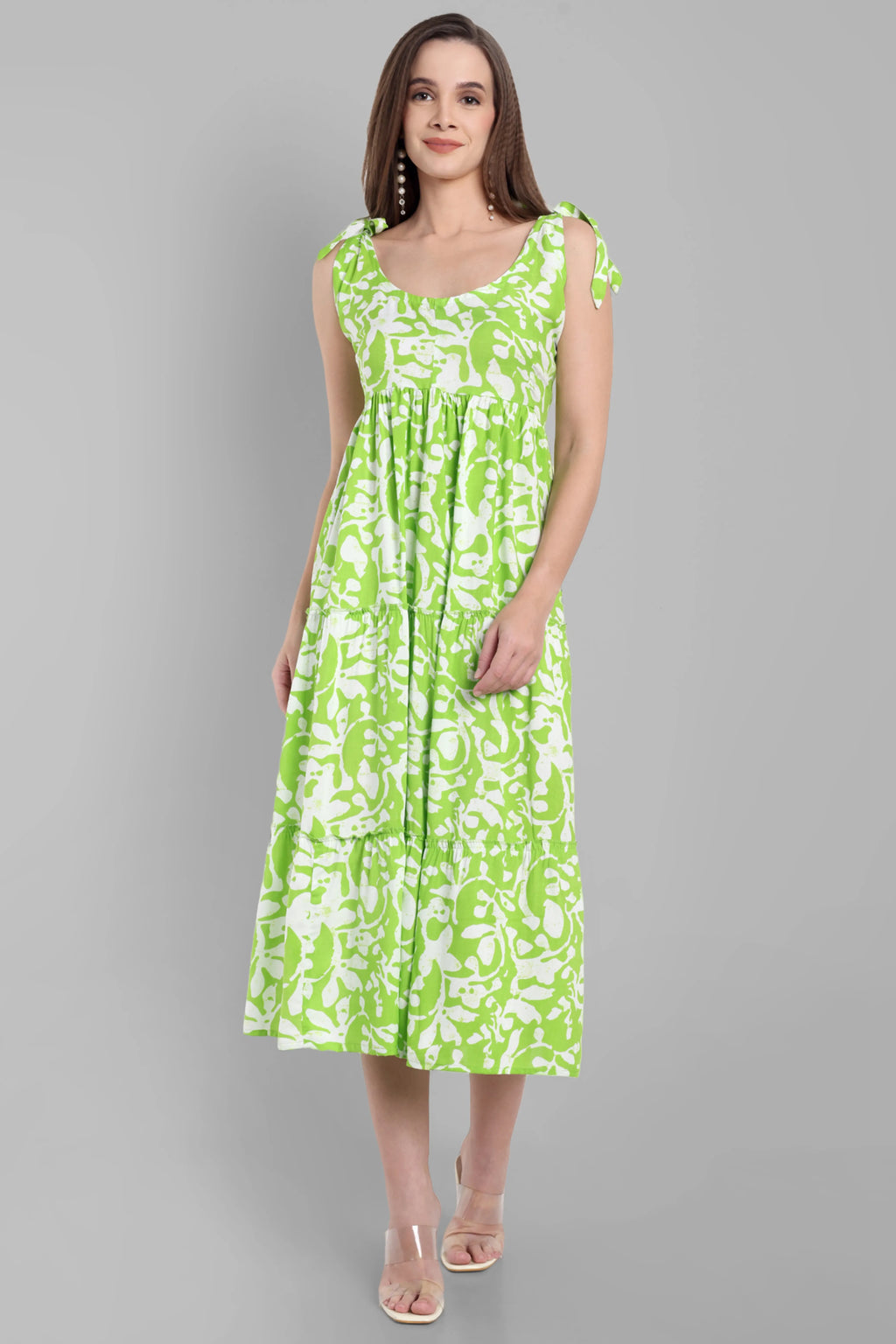 Lime Green Abstract Printed Sleeveless Midi Dress with Tie-Up Straps