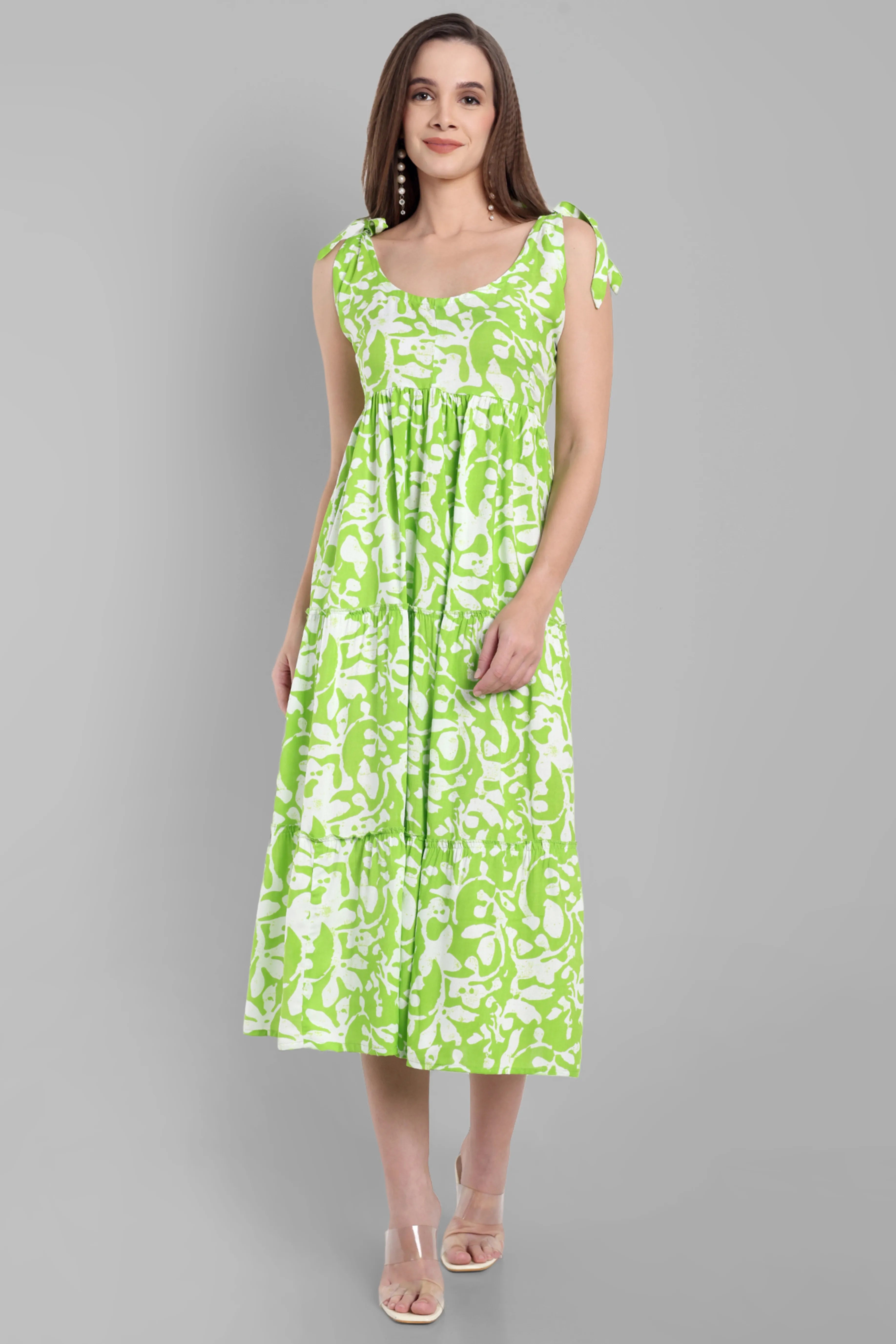 Lime Green Abstract Printed Sleeveless Midi Dress with Tie-Up Straps