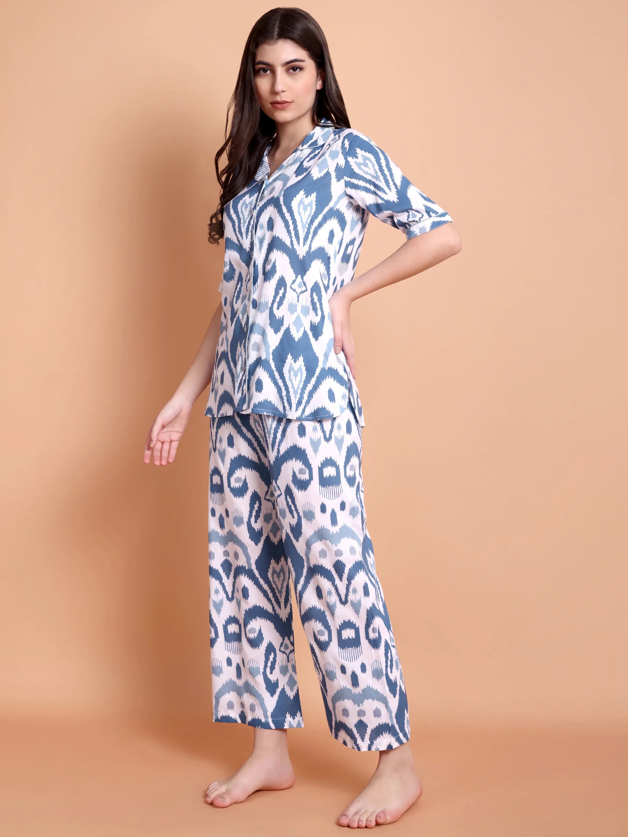 Blue Ikat Print Satin Nightwear Set for Women (Shirt & Pyjama)