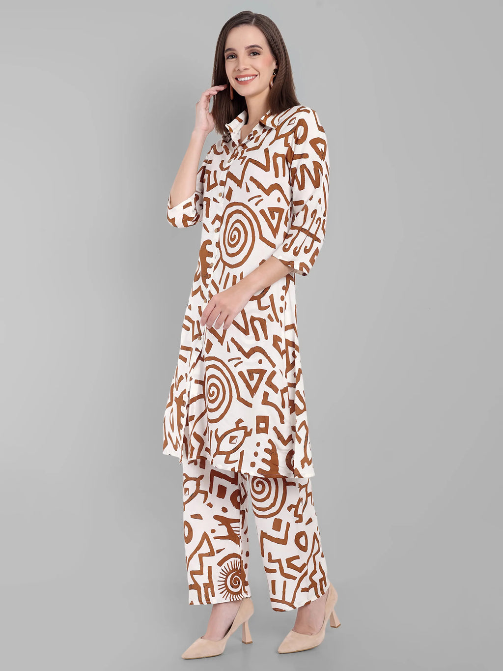 Tribal Print White & Brown Kurta with Pants Set – A-Line Shirt Collar Style