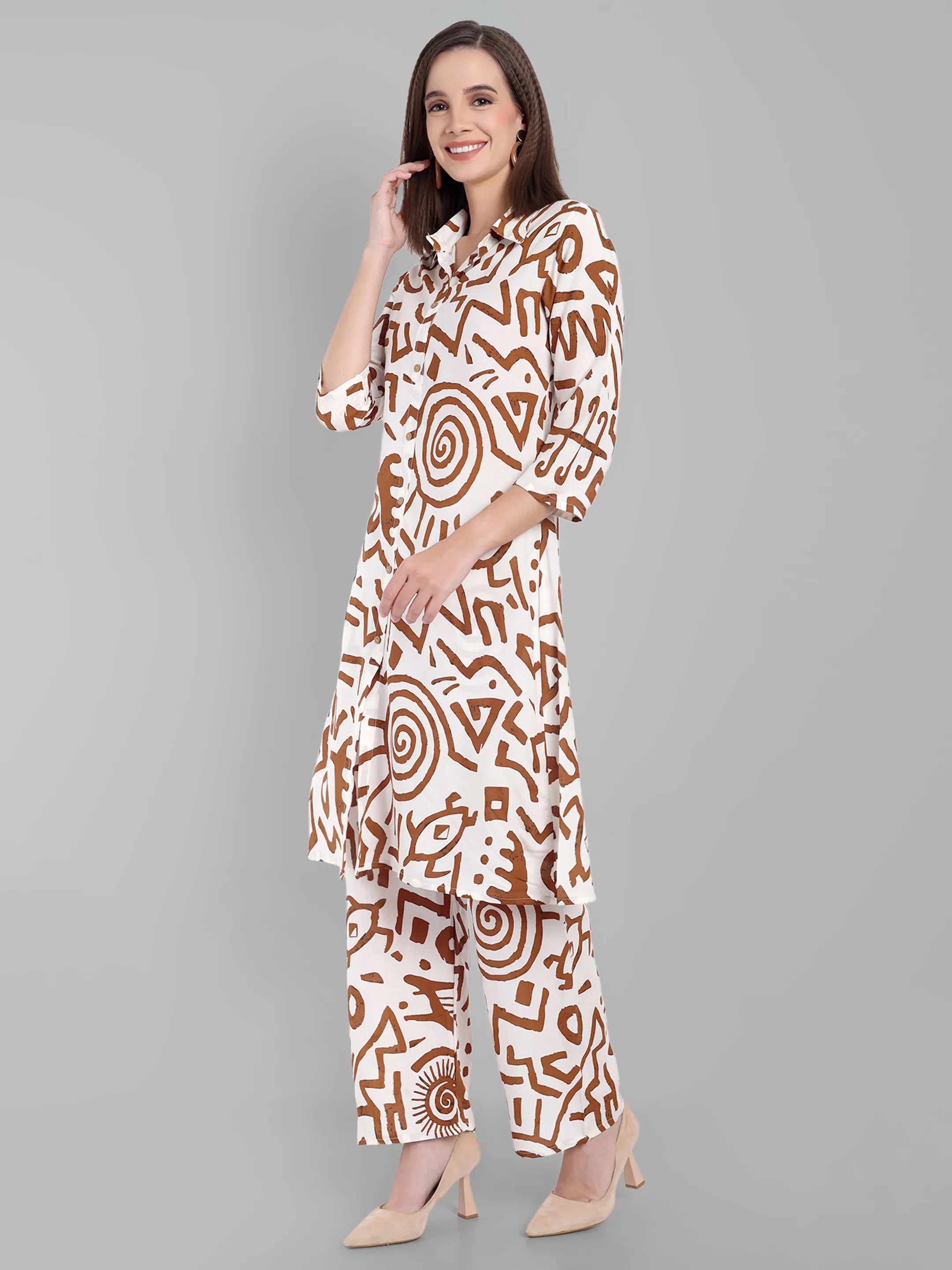Tribal Print White & Brown Kurta with Pants Set – A-Line Shirt Collar Style