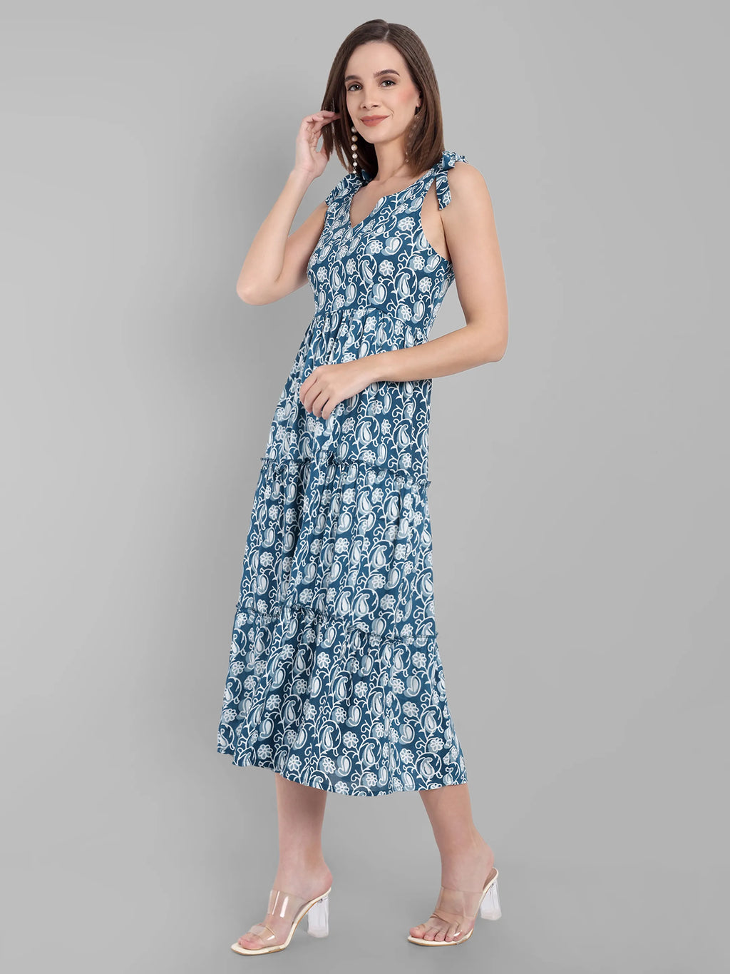 Navy Blue & White Paisley Printed Sleeveless Tiered Midi Dress with Tie-Up Straps