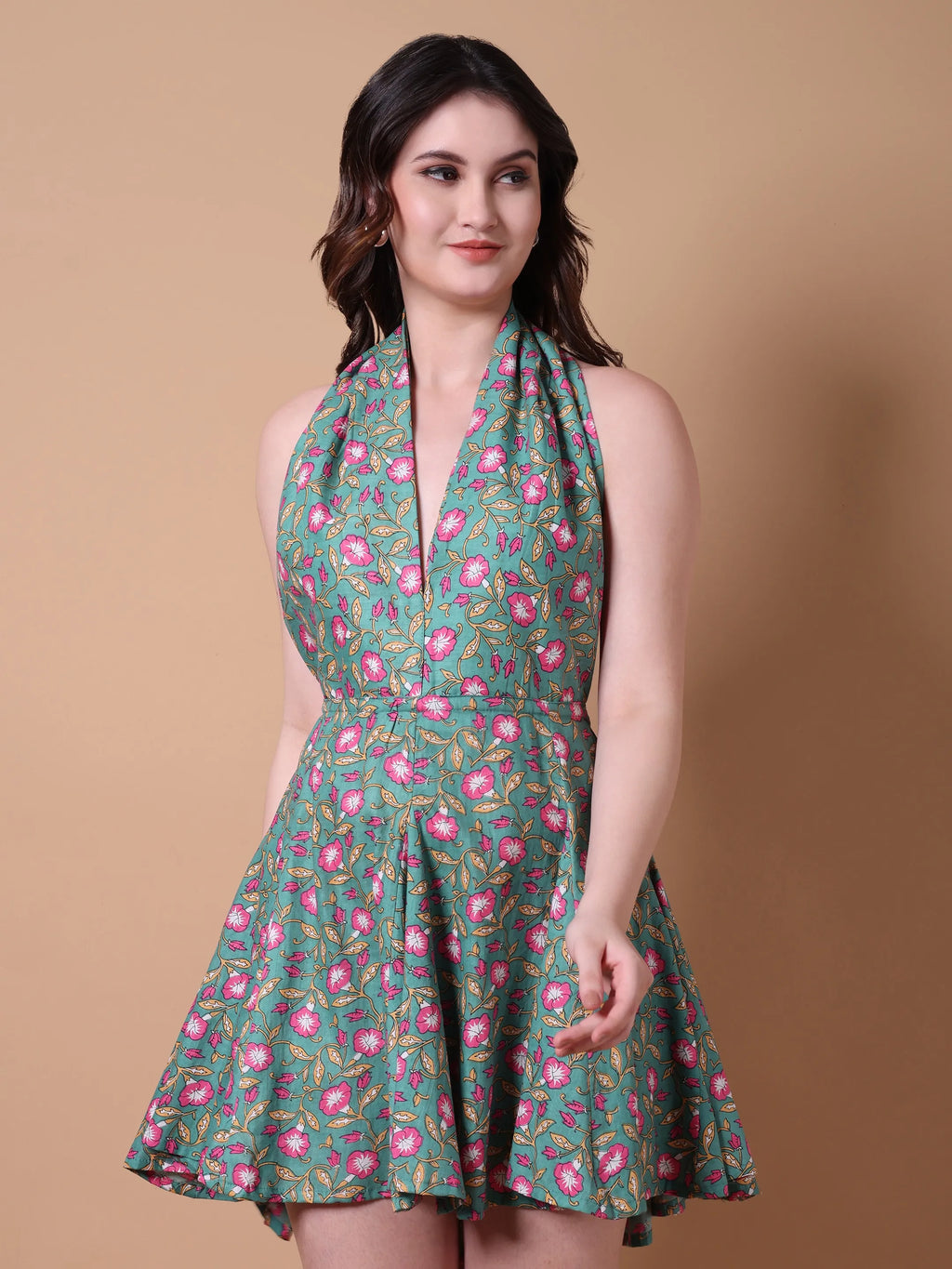 Teal Floral Print Backless Halter Neck Fit & Flare Dress
