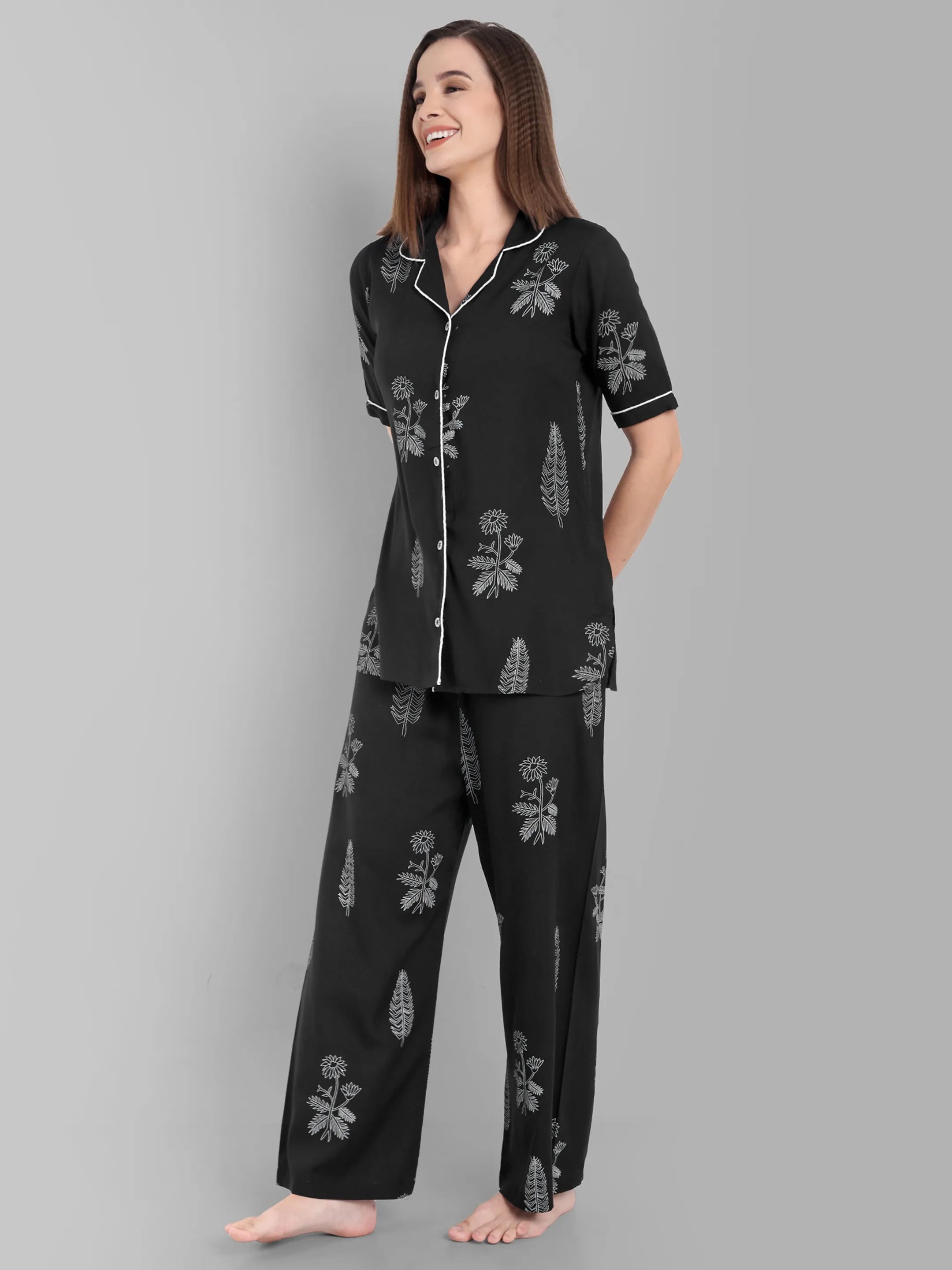 Black Floral Printed Night Suit Set – Short Sleeve Button-Down Shirt with Pajama