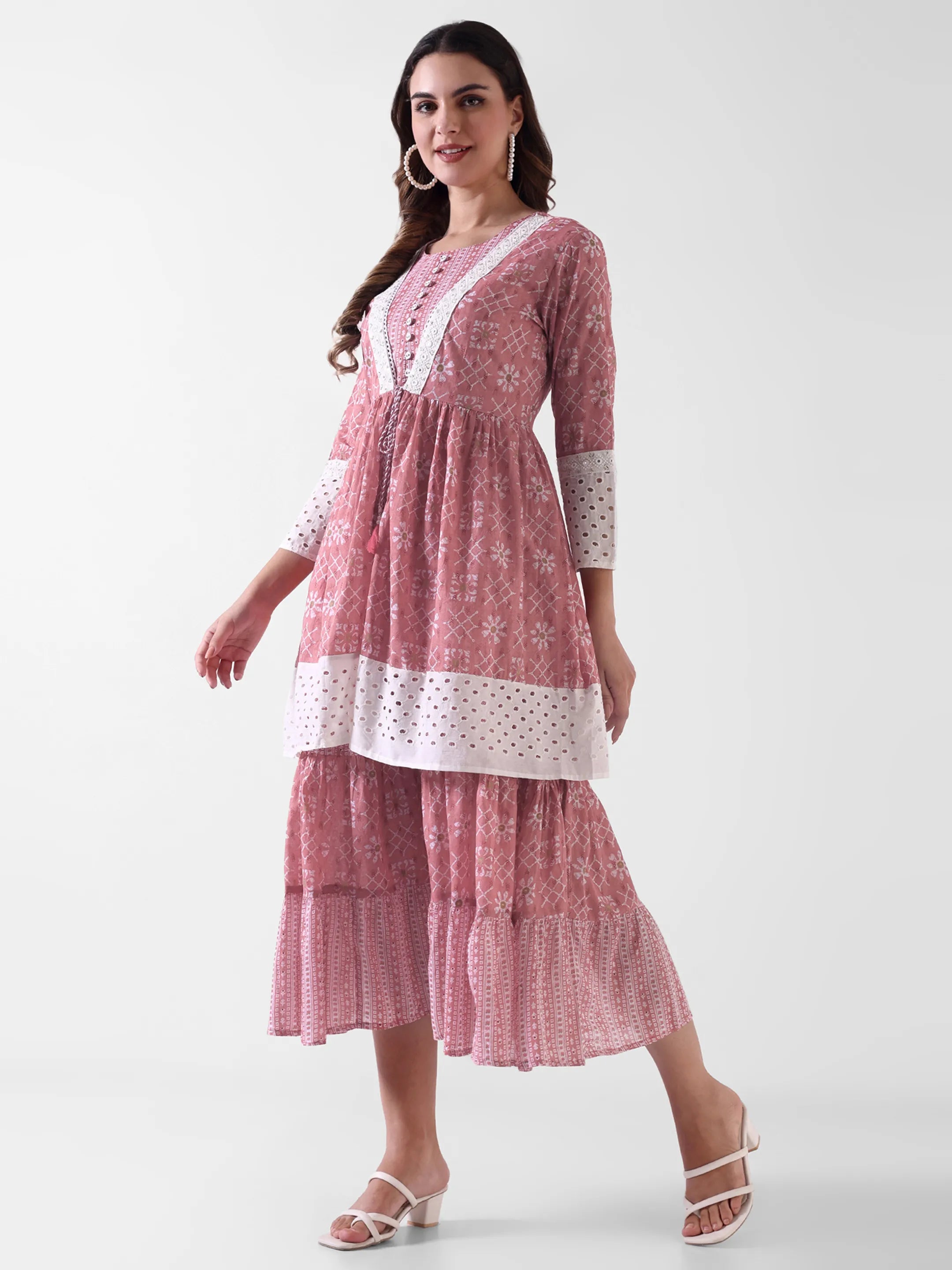 Printed Layered Maxi Dress with Lace Detailing