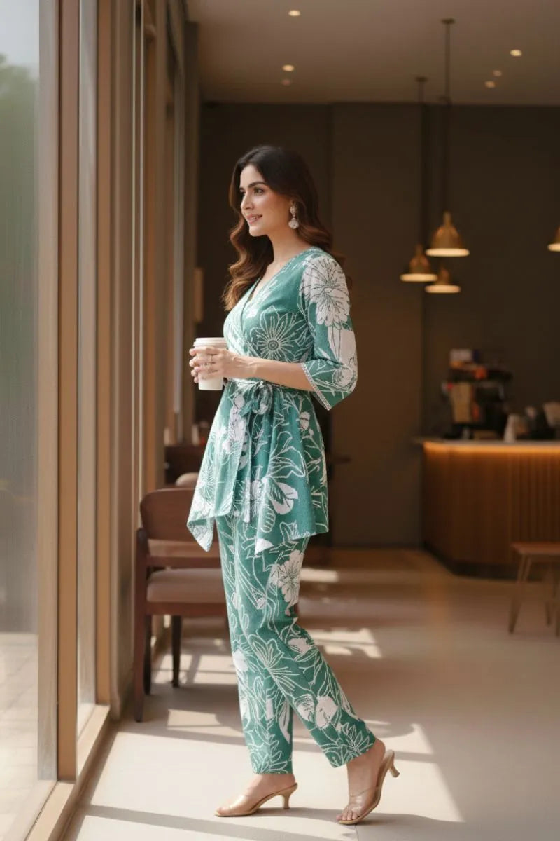 Sea Green Bold Floral Print Cotton Co-ord Set