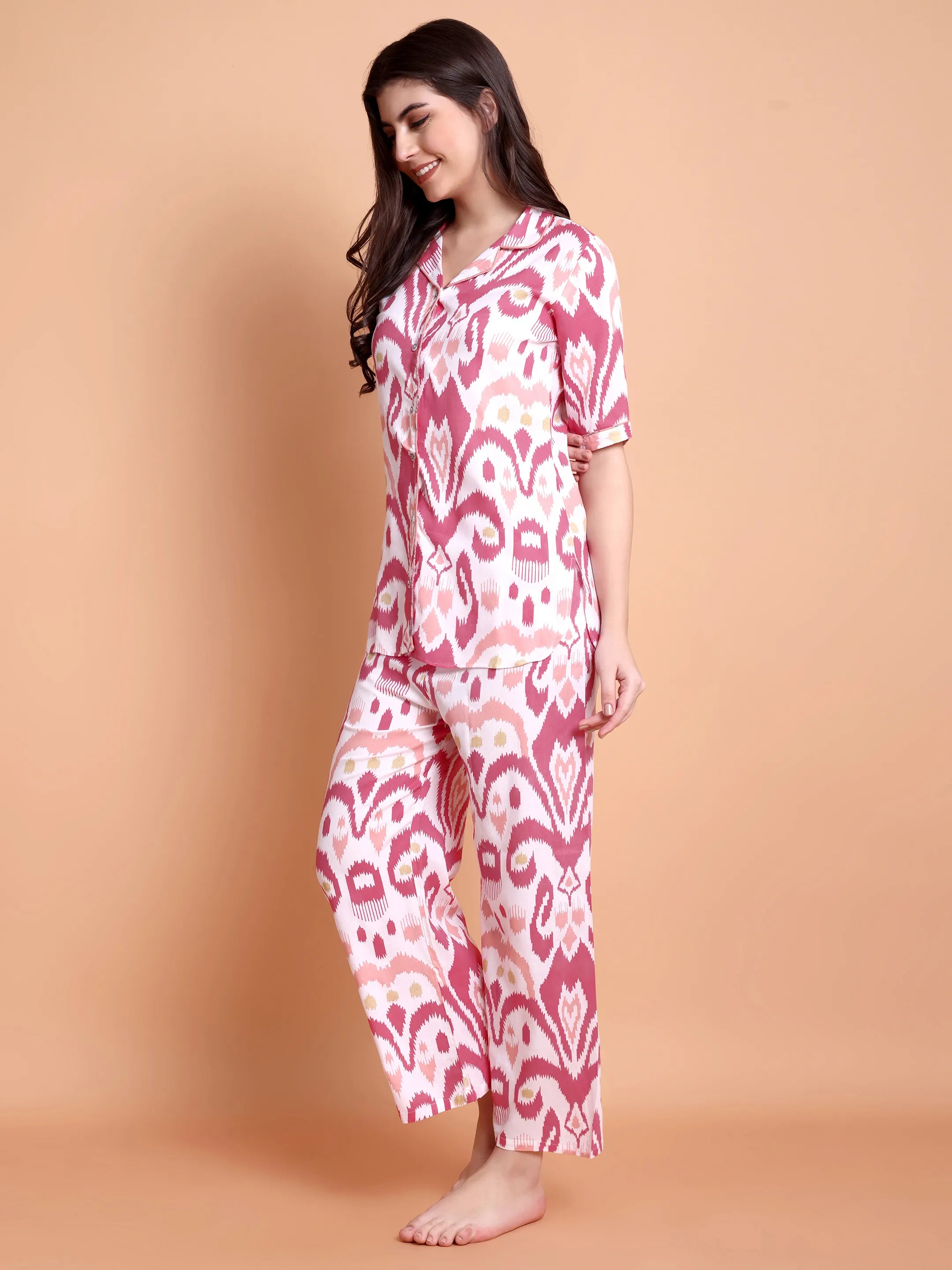 Pink Ikat Print Satin Nightwear Set for Women (Shirt & Pyjama)