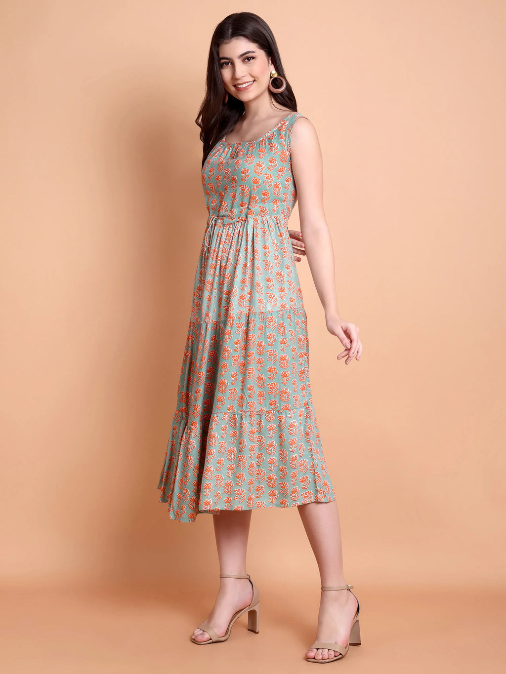 Floral Printed Sleeveless A-Line Midi Dress