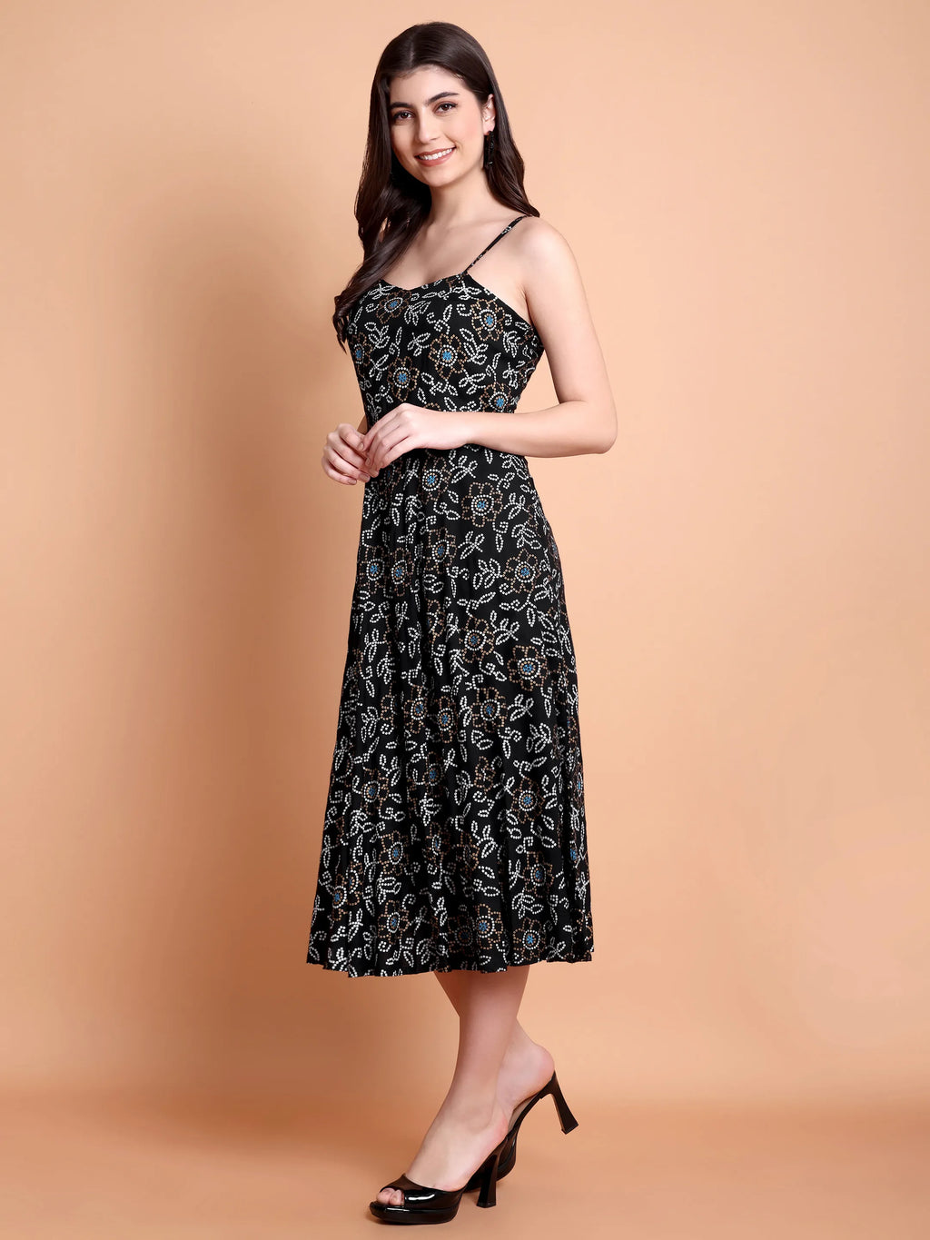 Women’s Black Floral Printed Flared Midi Dress