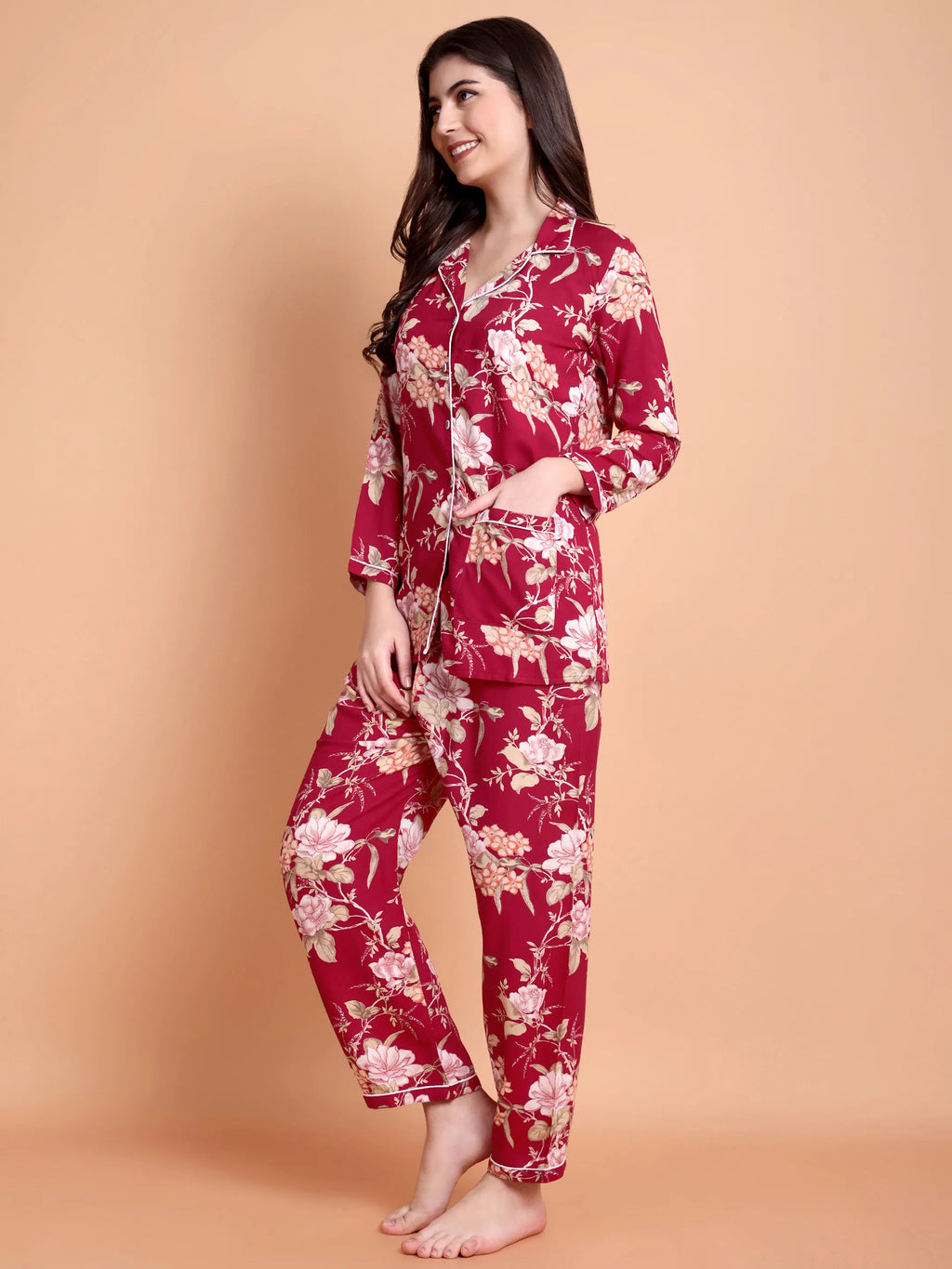 Maroon Floral Satin Nightwear Set for Women (Shirt & Pyjama)