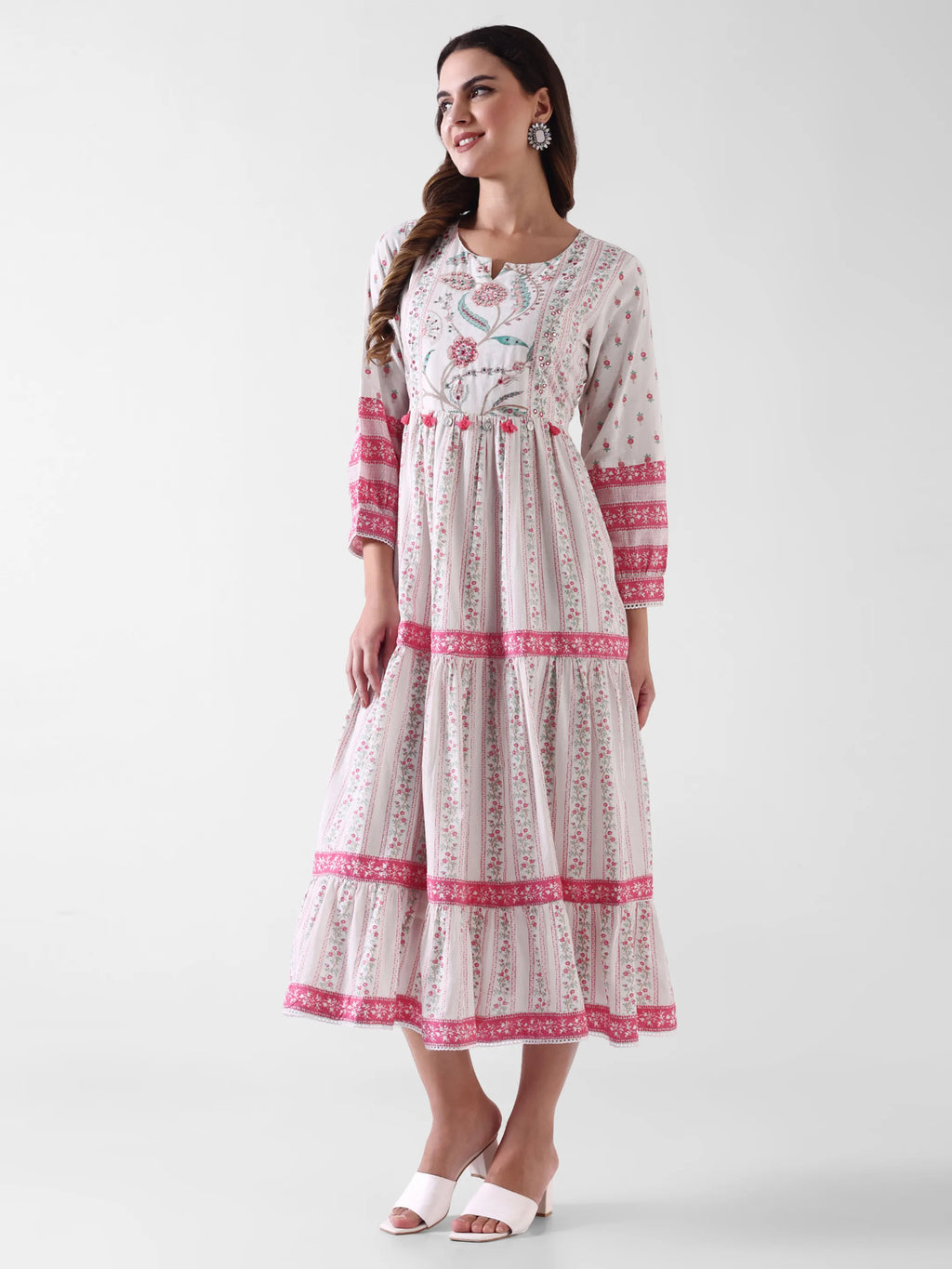 Women's White Floral Printed Anarkali Dress with Dupatta – Pink & Aqua Detailing