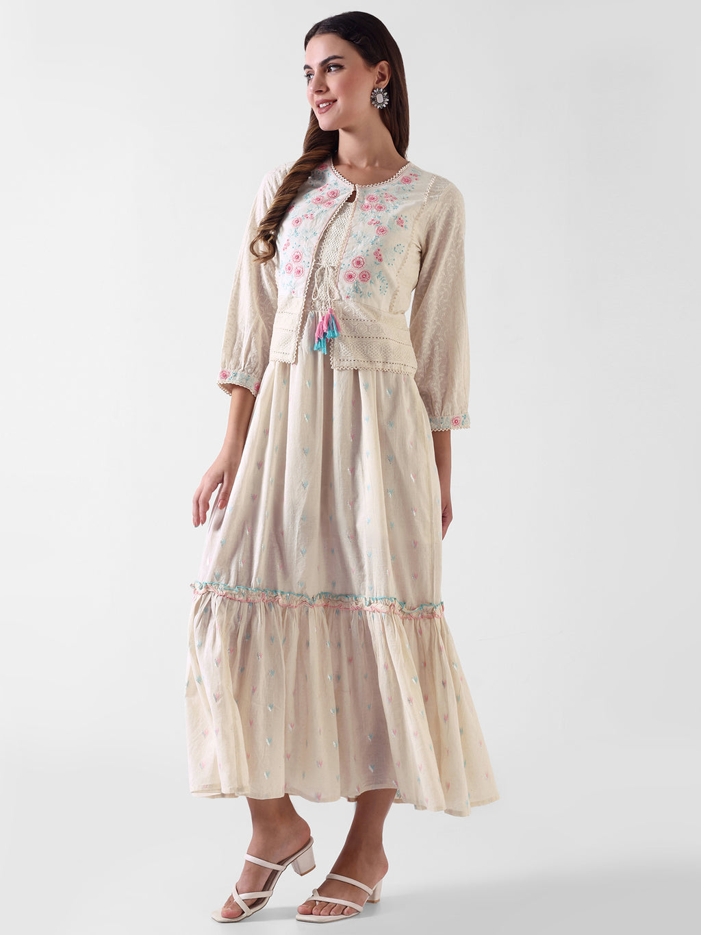 Embroidered Ethnic Maxi Dress with Tie-Up Detailing