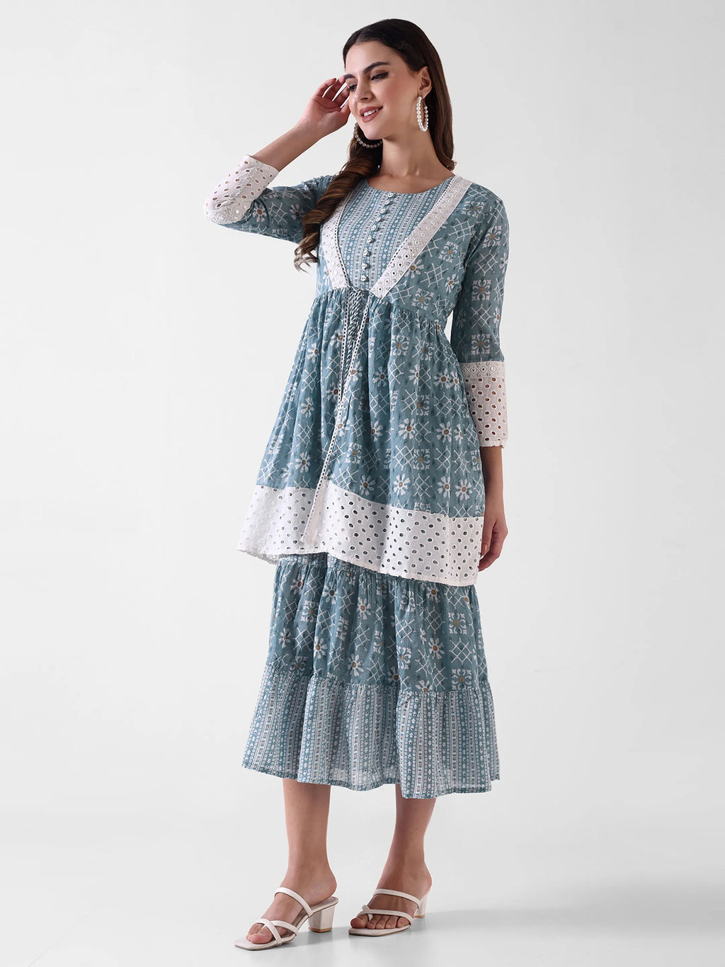 Women's Printed Tiered Maxi Dress with Lace Detailing – Blue & White