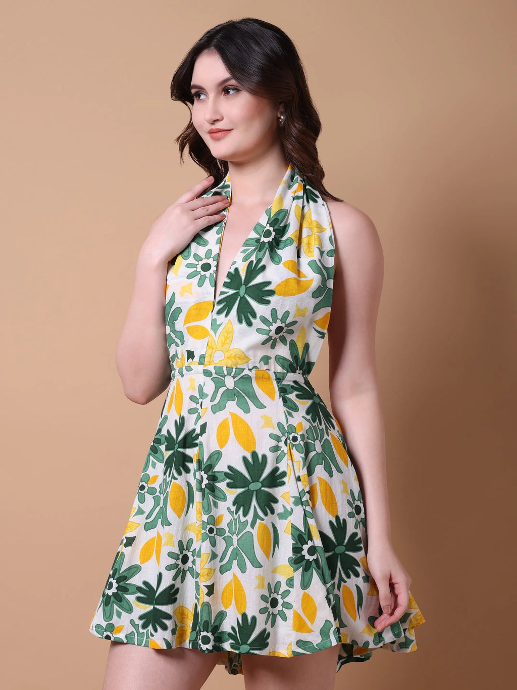 Green & Yellow Floral Halter Neck Mini Dress with Open Back