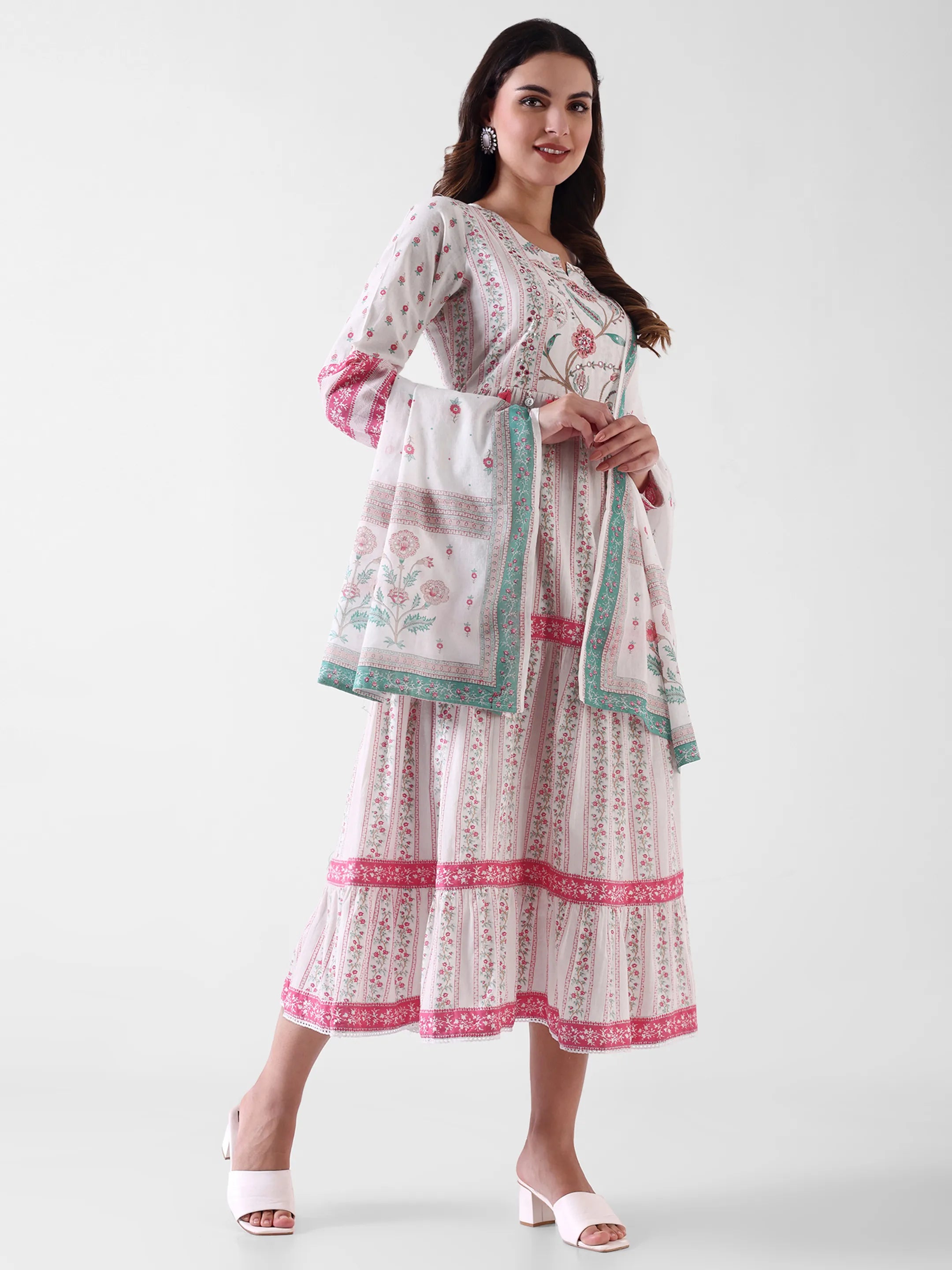Women's White Floral Printed Anarkali Dress with Dupatta – Pink & Aqua Detailing