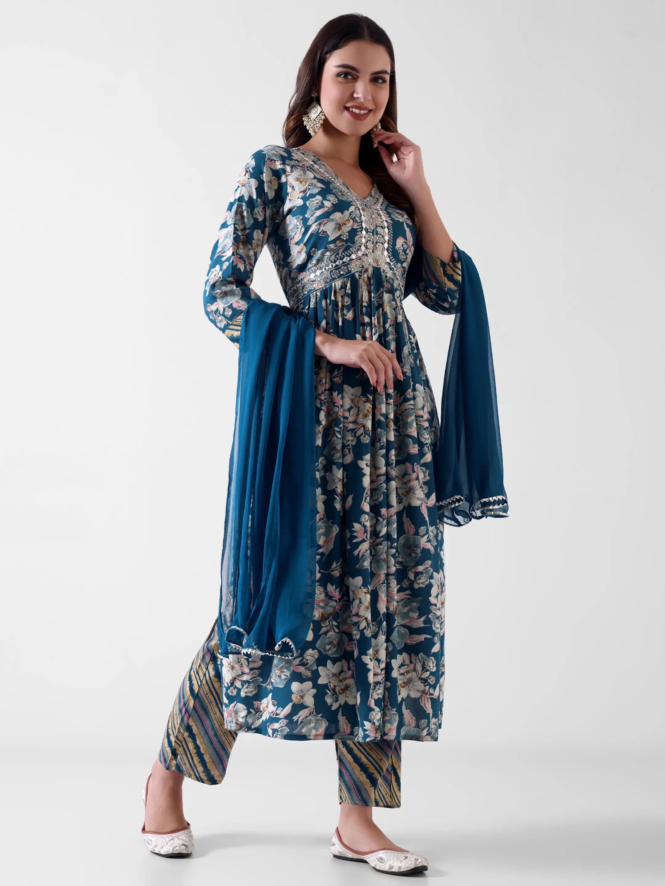 Women's Blue Floral Printed Anarkali Kurta Set with Dupatta